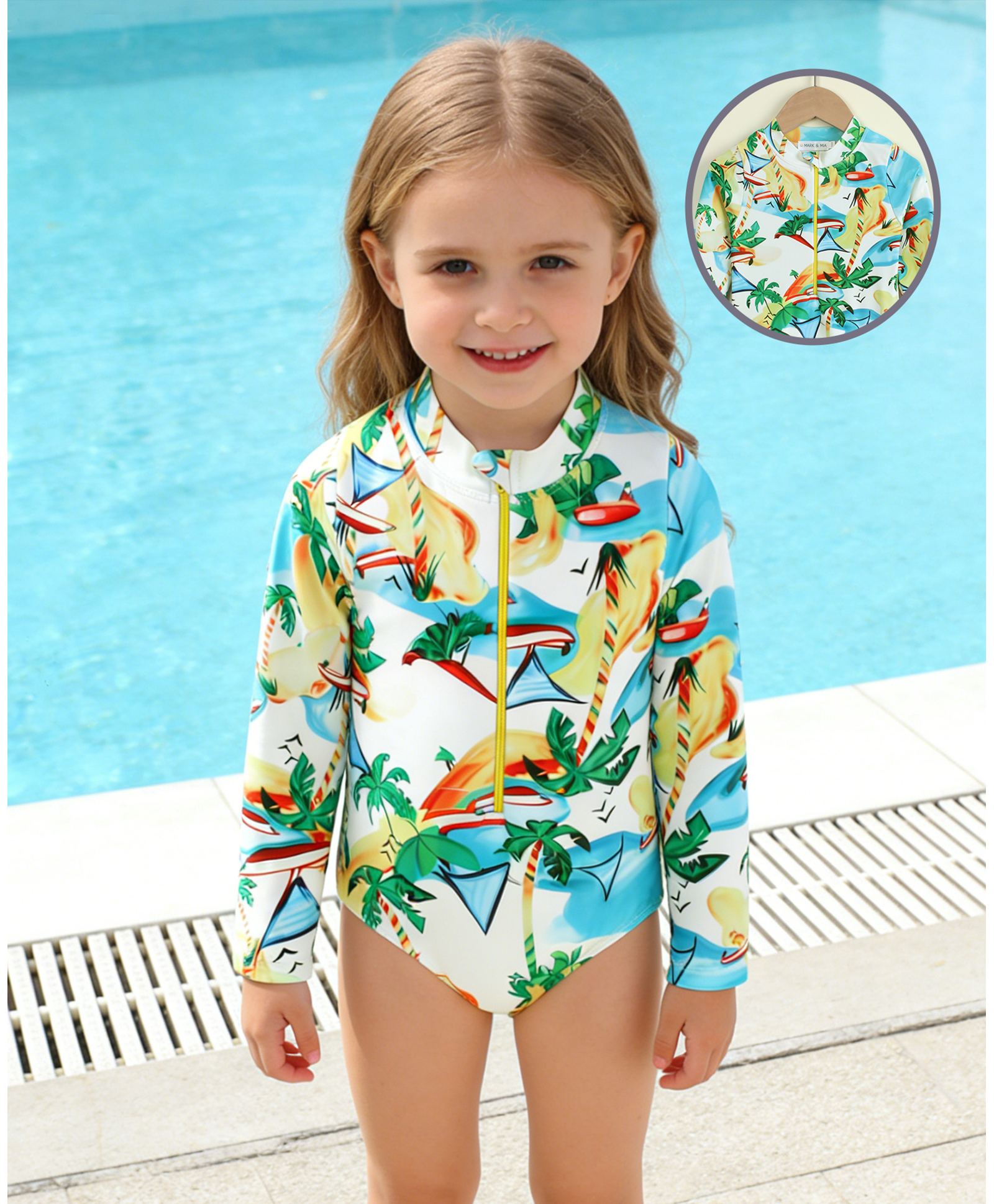 Mark & Mia Full Raglan Sleeves Beach Theme Printed V Cut Swimsuit - Multicolor-image-16