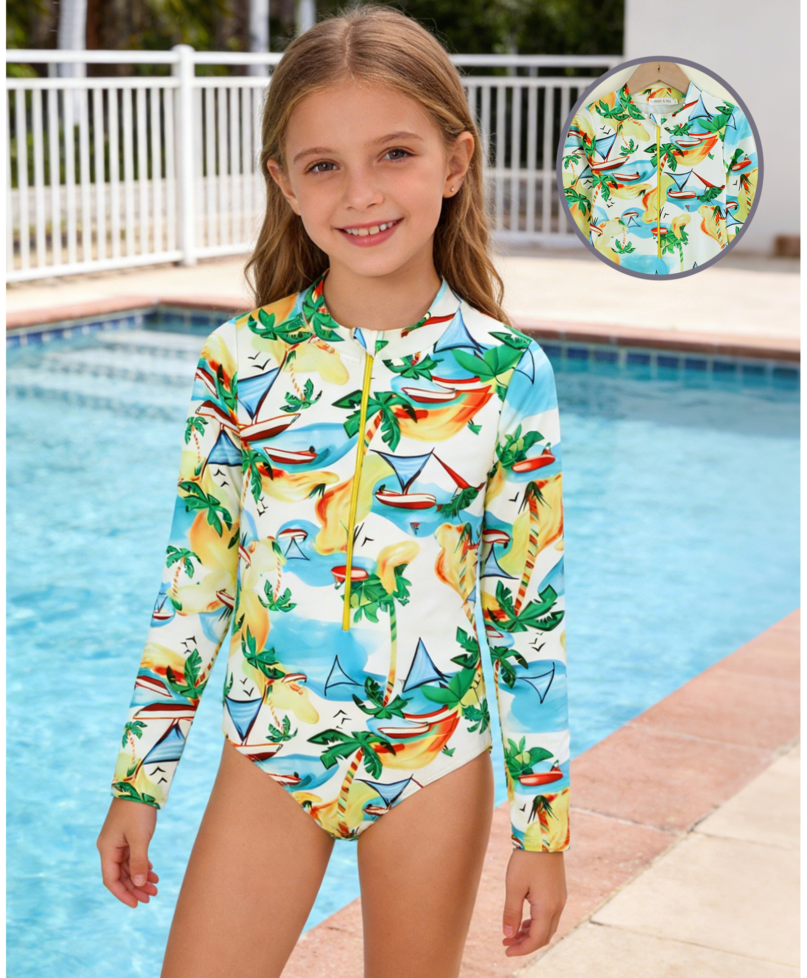 Mark & Mia Full Sleeves Beach Theme Printed V Cut Swimsuit - Multicolor-image-14