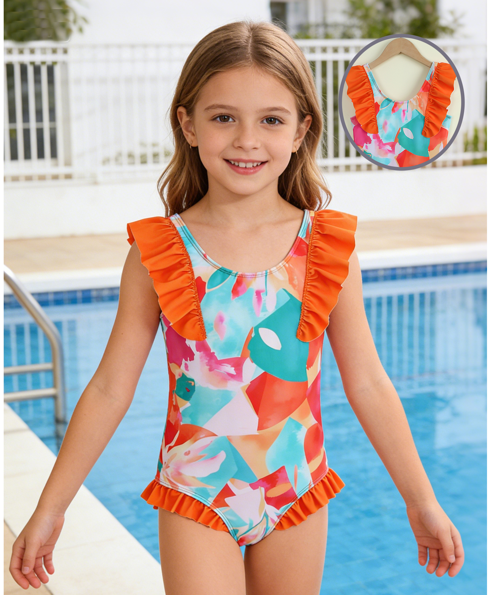 Mark & Mia Sleeveless Printed V Cut Swimsuit with Frill Detailing - Orange-image-30