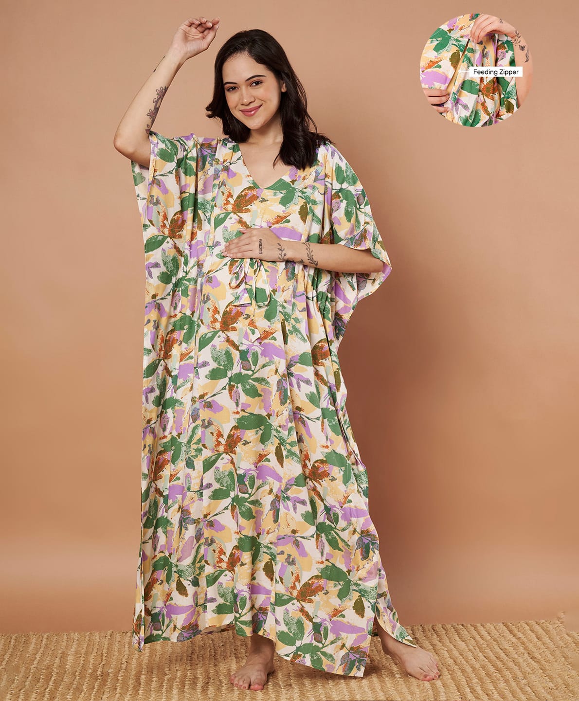 Secret Wish Cotton Woven Half Sleeves Leaves Printed Maternity Kaftan With Front Zipper Nursing Access - Multi Colour-picture-16
