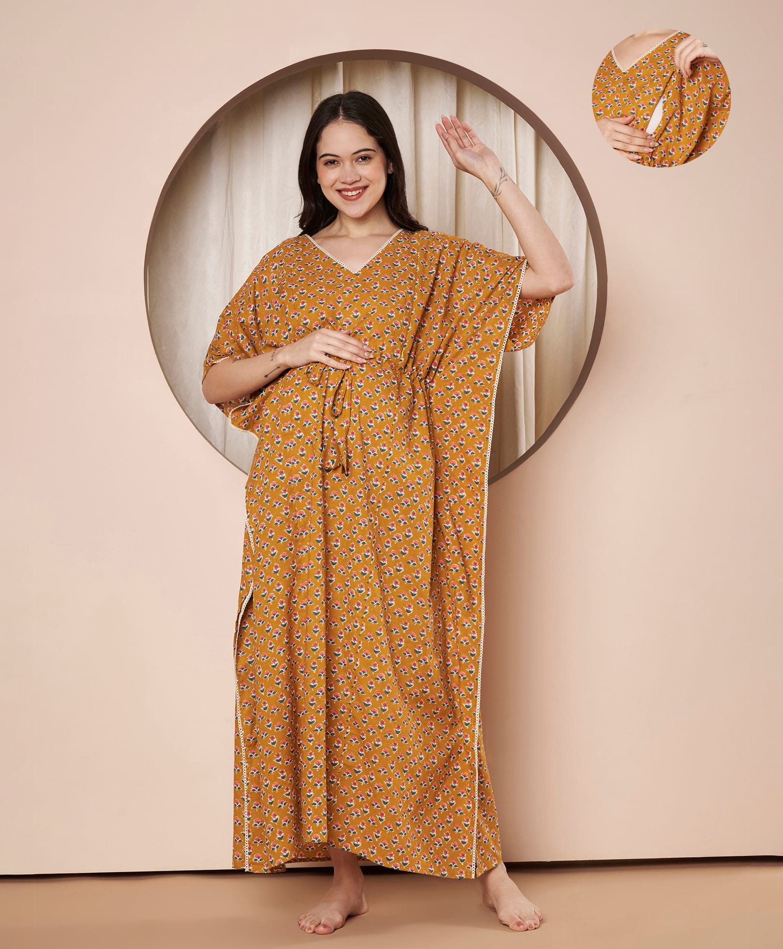 Secret Wish Cotton Woven Half Sleeves Leaves Printed Maternity Kaftan With Front Zipper Nursing Access - Mustard-picture-15