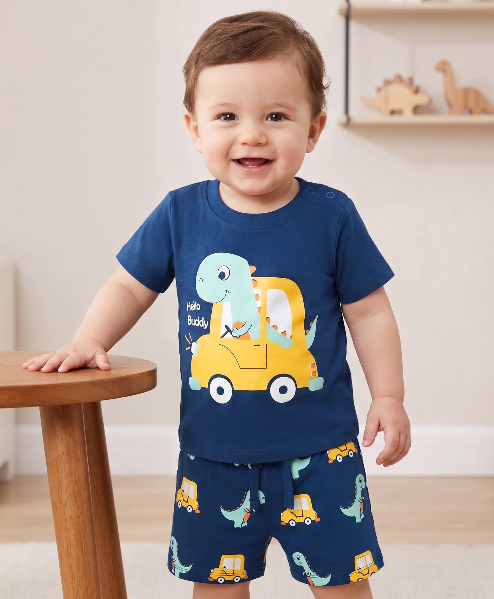 Doodle Poodle 100% Cotton Knit Half Sleeves Dino Printed T-Shirt & Shorts Night Suit - Navy Blue-picture-15