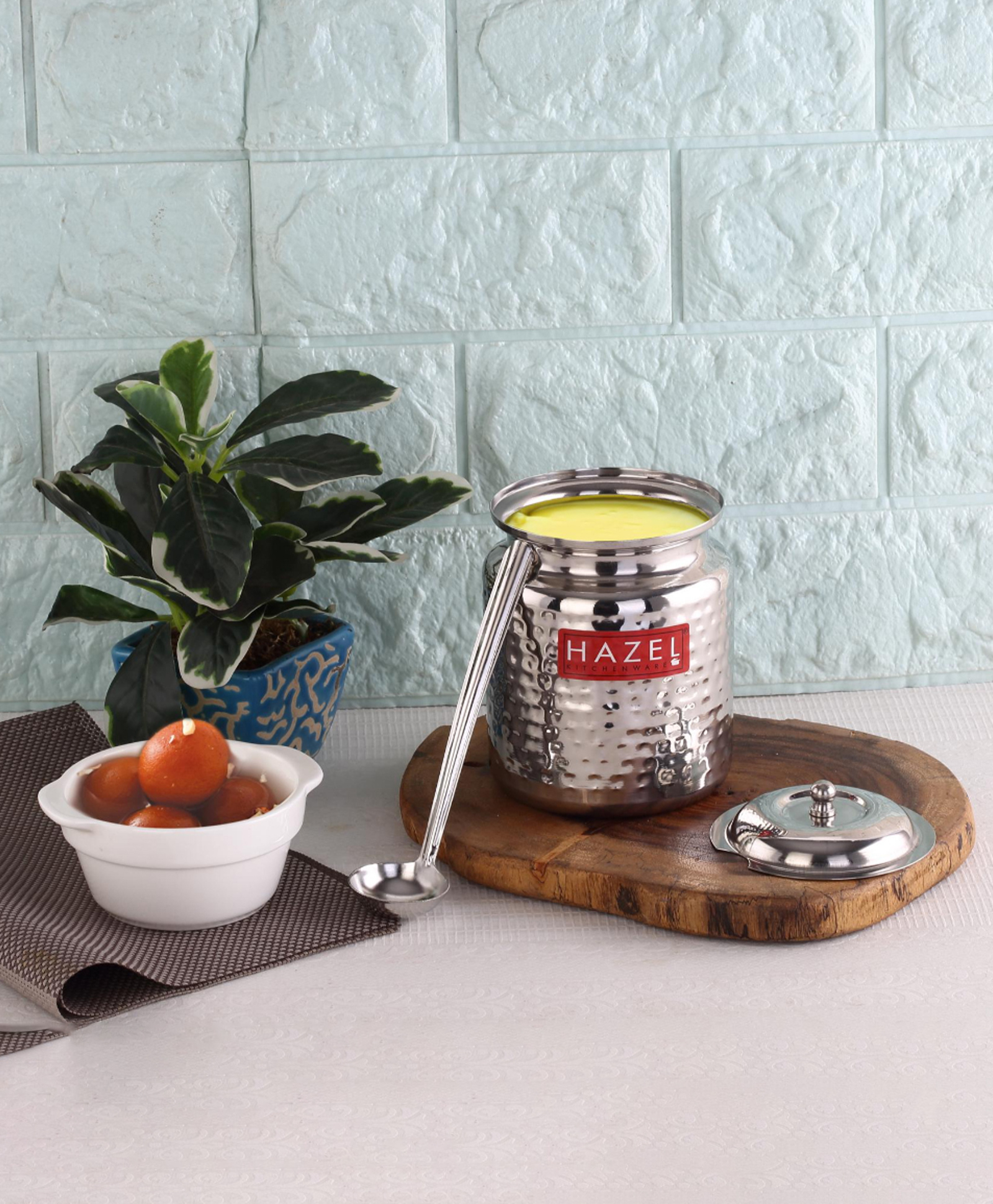 HAZEL Stainless Steel Ghee Container with Spoon | Oil Containers for Kitchen with Lid, 400 ml-image-4