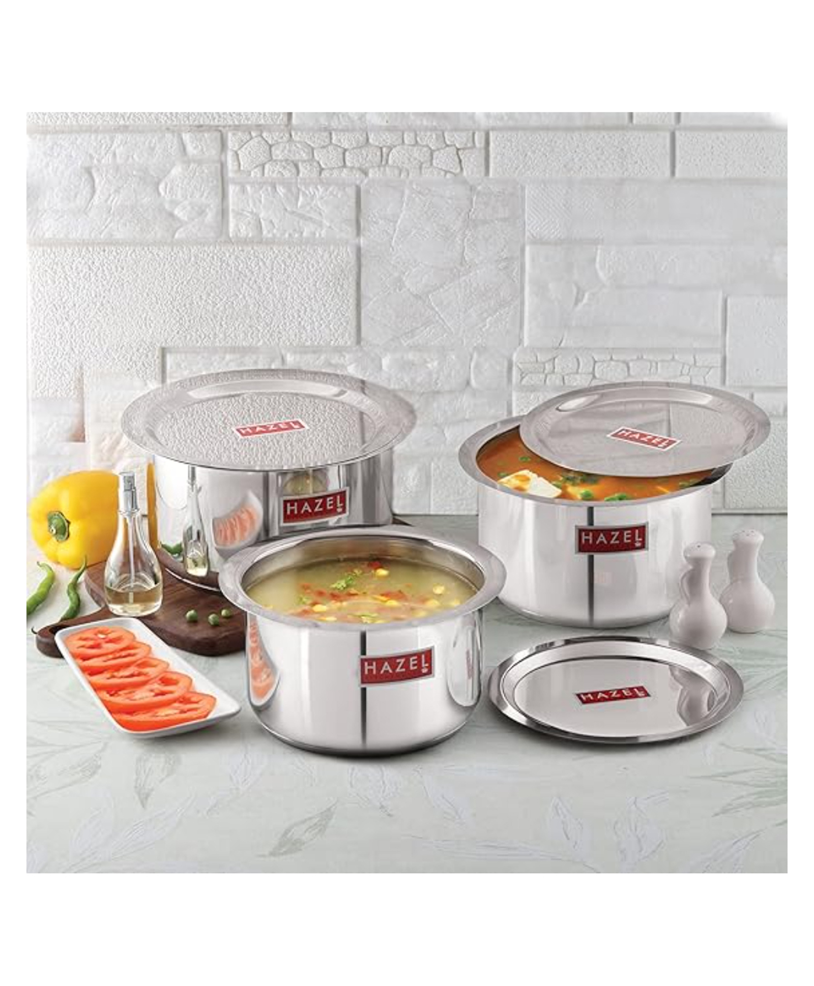 HAZEL Induction Base Tope Stainless Steel Heavy Base Thick Flat Bottom Patila Cookware With Steel Lids Cover Utensil For Kitchen ( 3 Topes & 3 Lids), 6 Pieces-image-46
