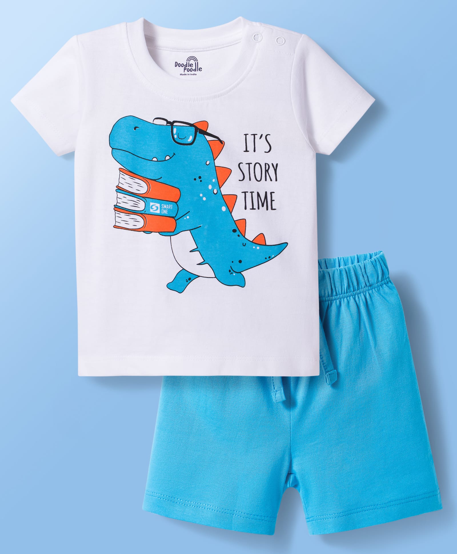 Doodle Poodle 100% Cotton Knit Half Sleeves Dino Printed T-Shirt & Shorts Night Suit Set - White & Light Blue-picture-0