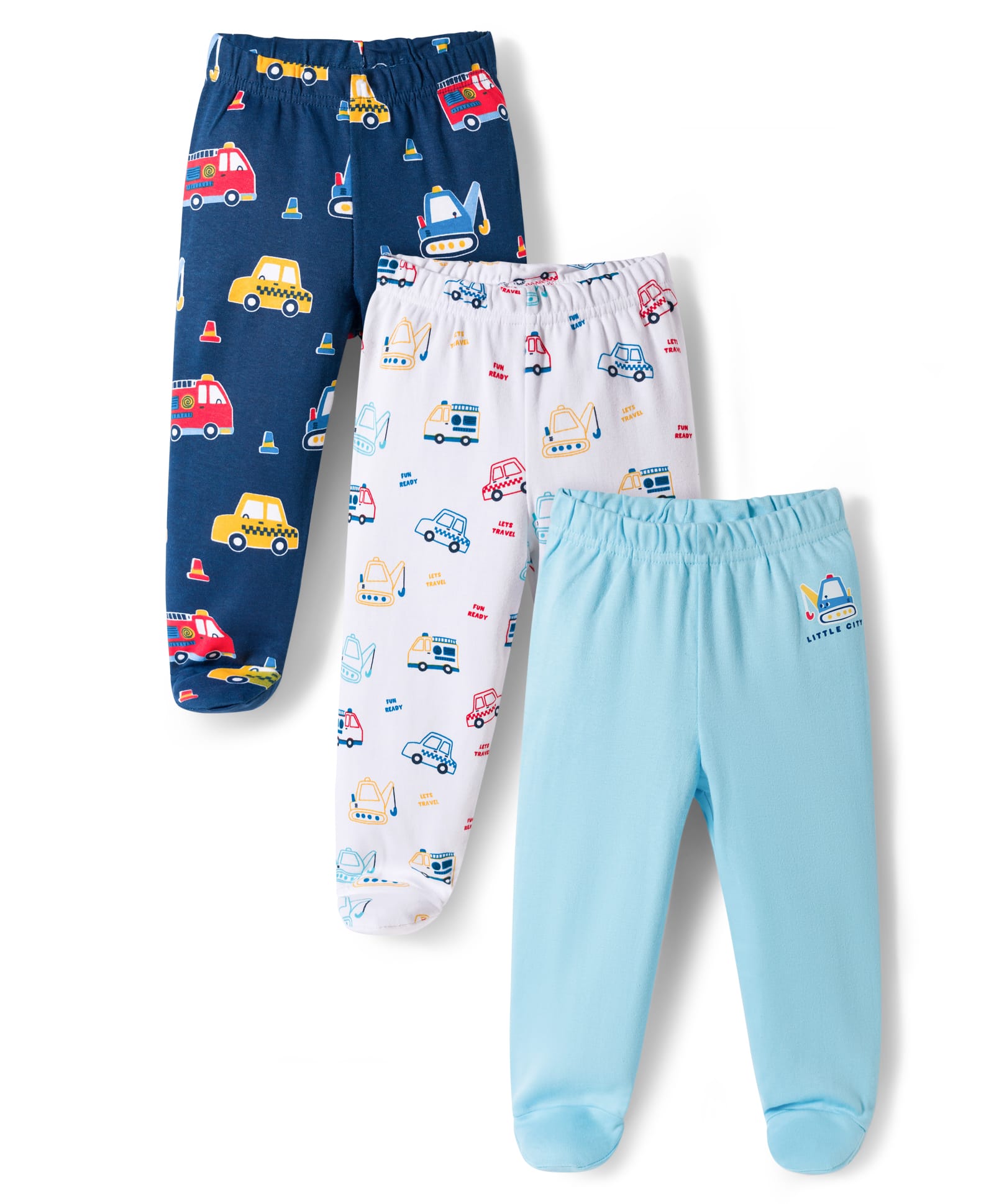 Babyhug Interlock Knit Footed Vehicle Printed Bootie Leggings Pack of 3 - Blue Navy & White
