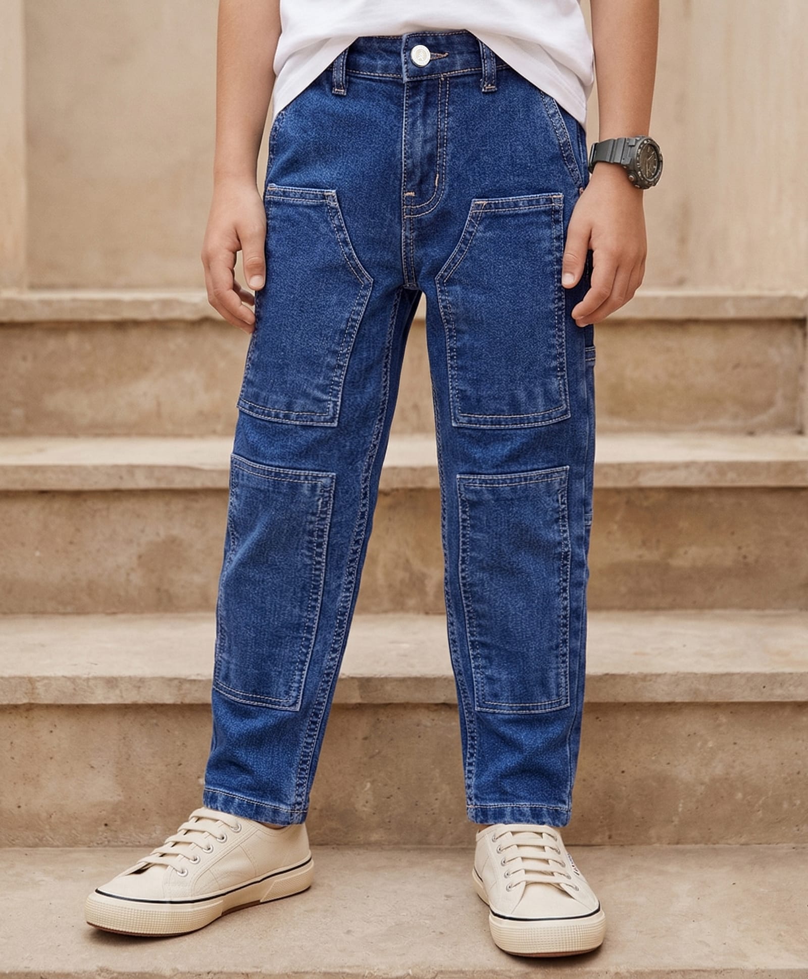 Pine Kids Denim Woven Full Length Solid Color Jeans with Patch Detailing - Navy Blue-picture-14