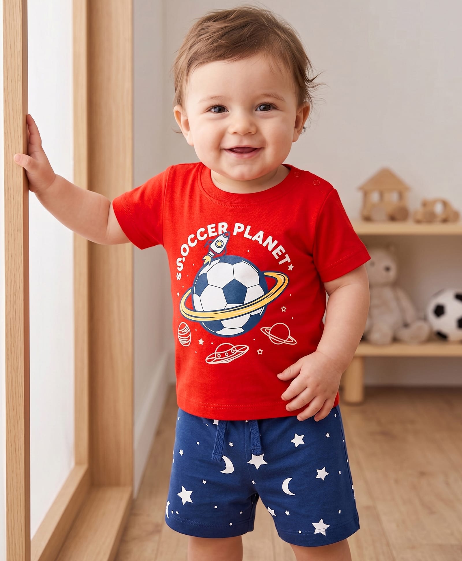 Doodle Poodle 100% Cotton Knit Half Sleeves Space Theme Printed T-Shirt & Shorts Night Suit - Red & Navy Blue-image-49