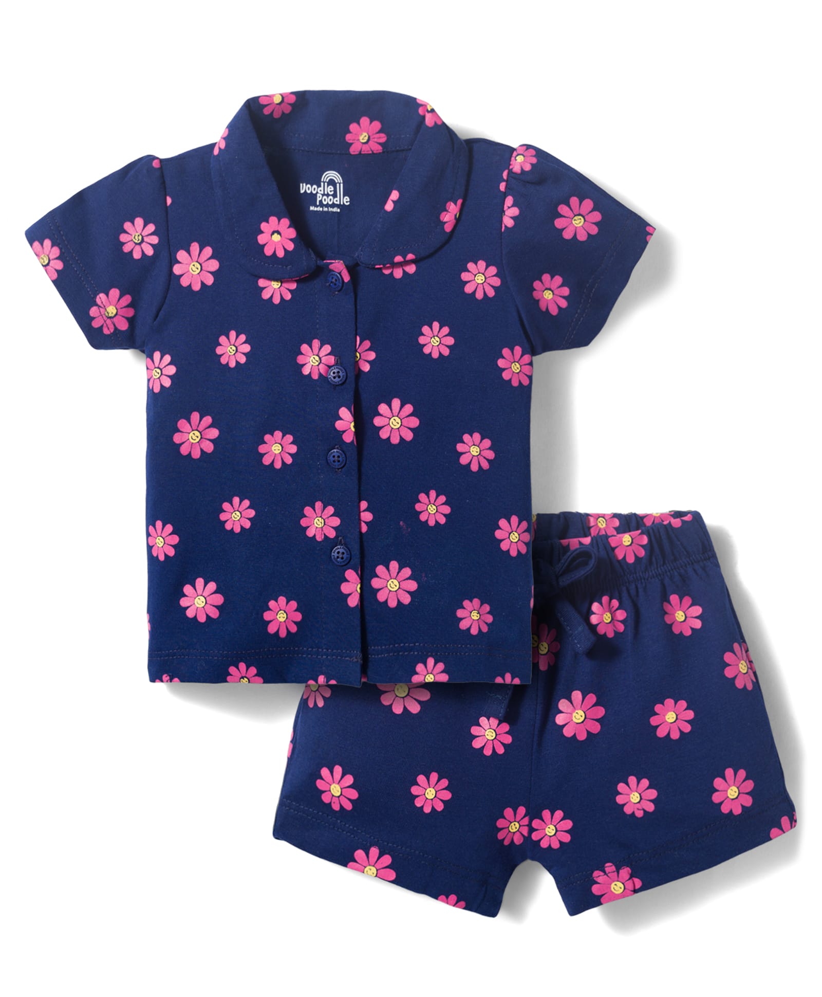 Doodle Poodle 100% Cotton Knit Half Sleeves Shirt & Shorts Co-ord Night Suit with Floral Print - Navy Blue-image-23