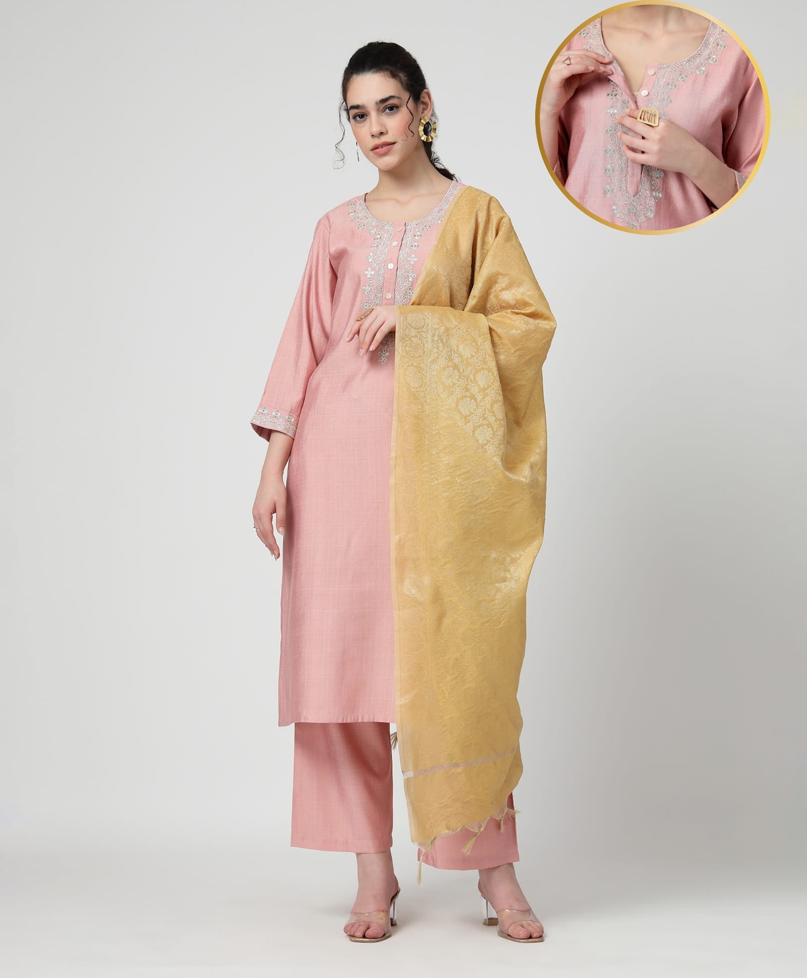 Zelena Woven Three Fourth Sleeves Threadwork Detailed Maternity Kurti With Front Open Nursing Access & Pant With Dupatta Set - Peach-picture-18
