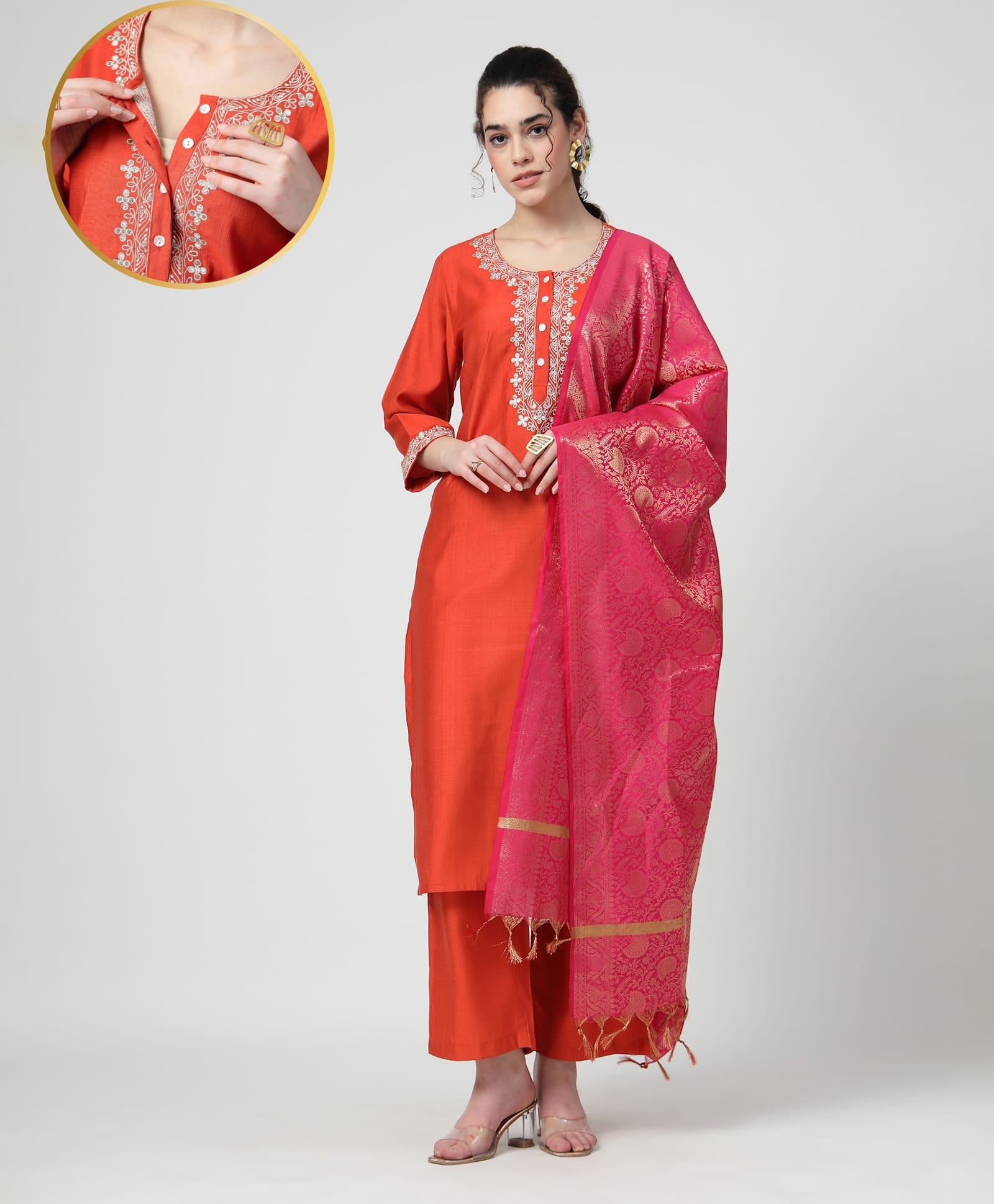 Zelena Woven Three Fourth Sleeves Floral Embroidered Maternity Kurta Pant & Dupatta Set With Front Open Nursing Access - Orange-image-2