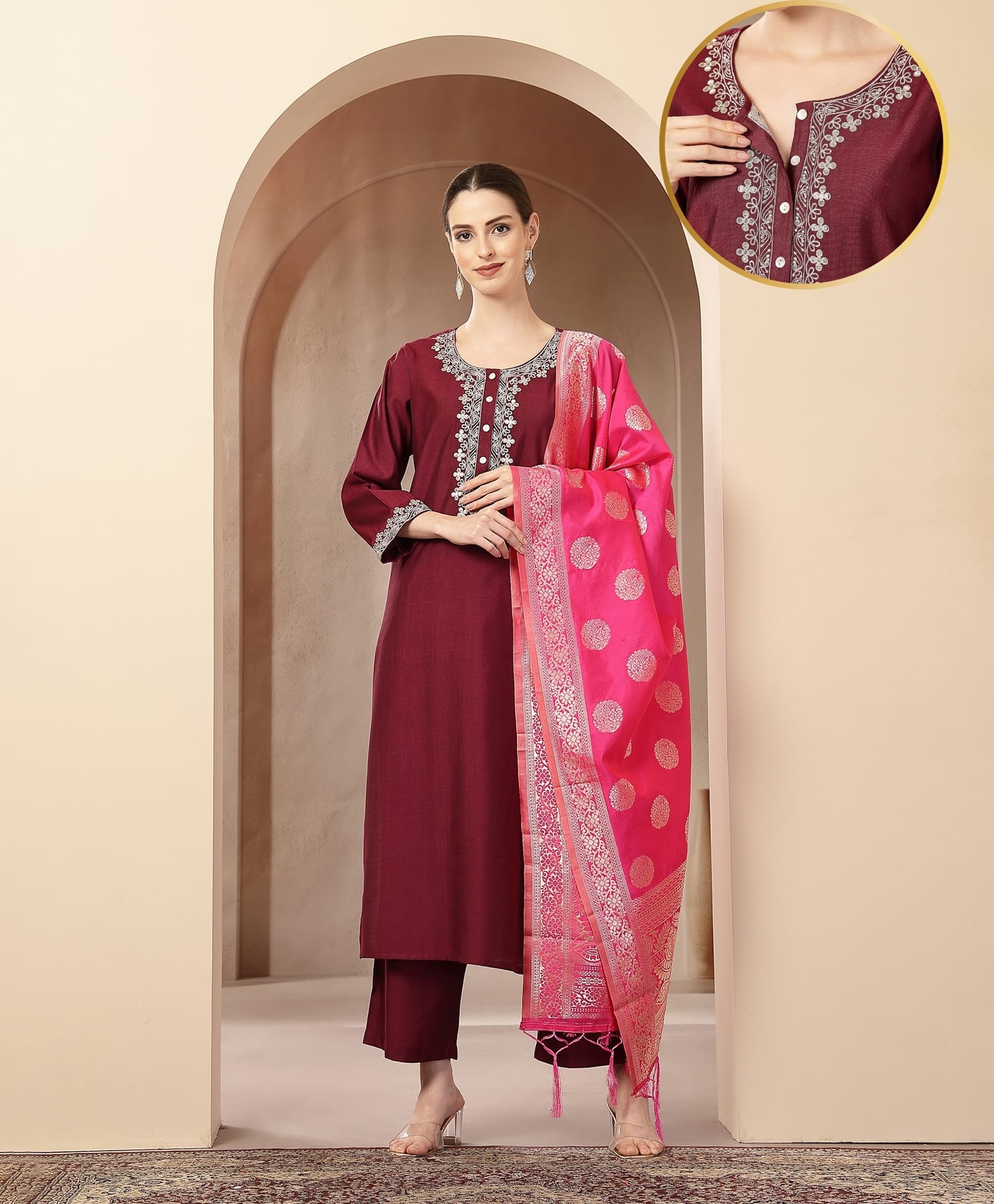 Zelena Woven Three Fourth Sleeves Floral Embroidered Maternity Kurti With Front Open Nursing Access & Pants With Dupatta Set - Plum
