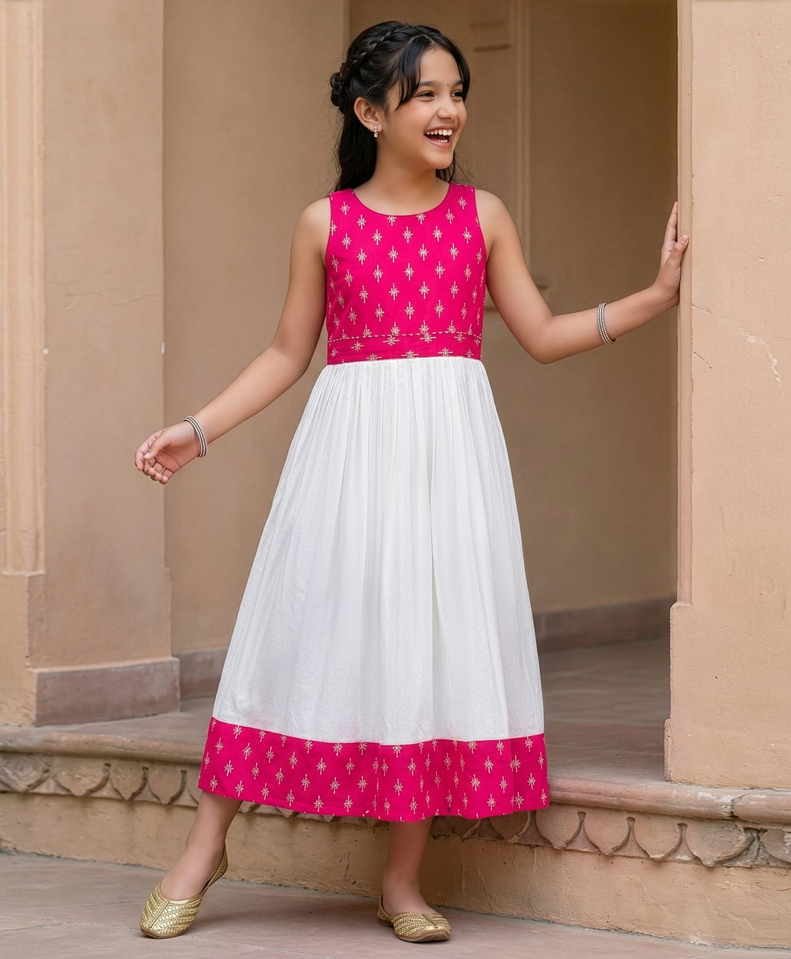 Pine Kids 100% Viscose Woven Sleeveless Floral Printed Ethnic Dress - Dark Pink-image-14