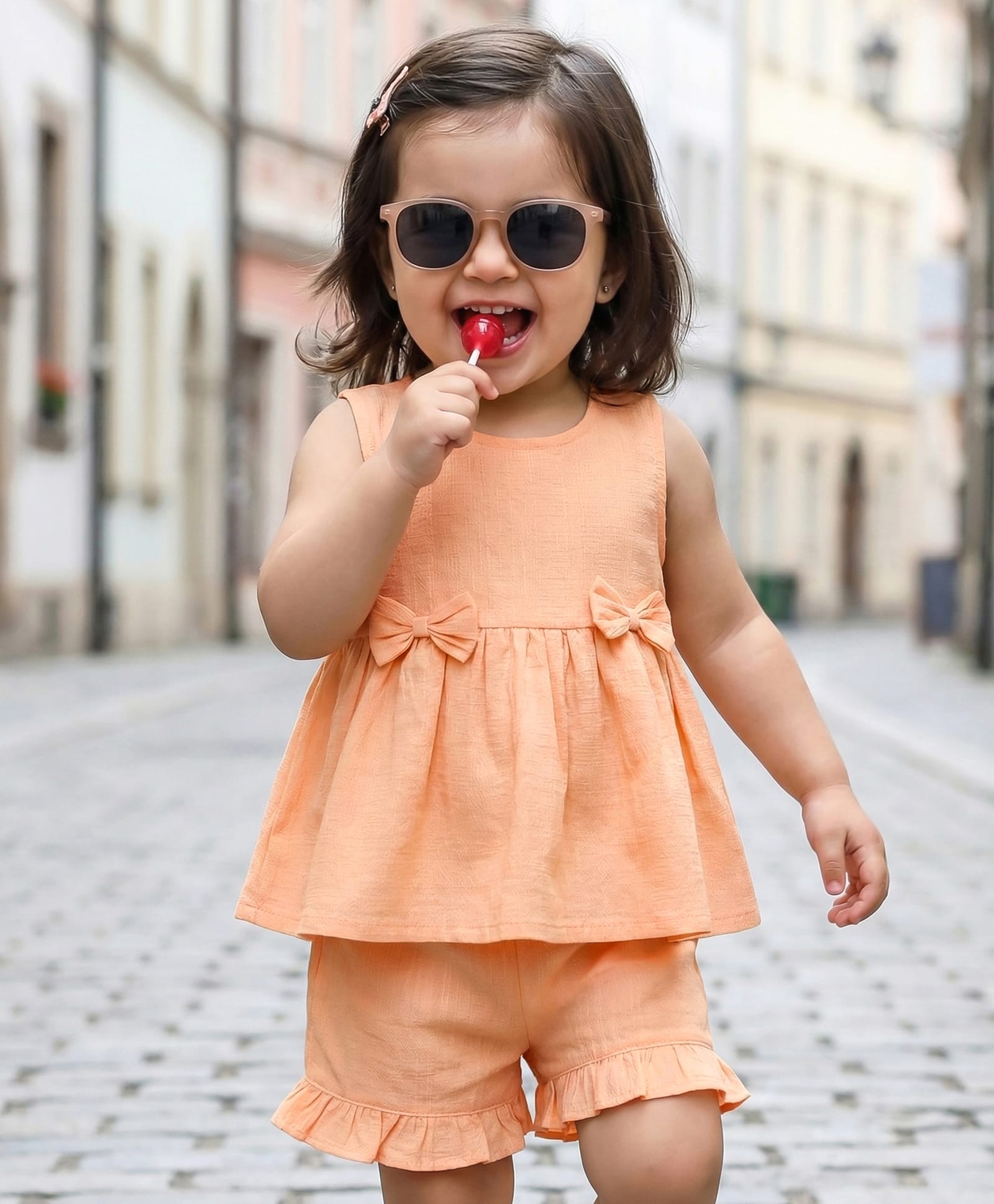 Babyhug Cotton Woven Sleeveless Solid Colour Top with Bow Applique & Shorts Set - Peach