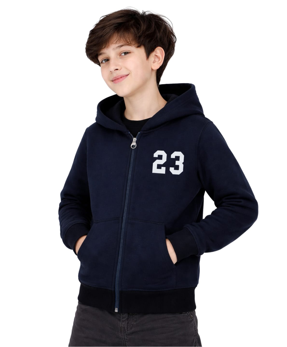 Superminis Cotton Blend Woven Full Sleeves 23 Numerical Printed Light Winter Hooded Sweatjacket - Navy Blue-image-42