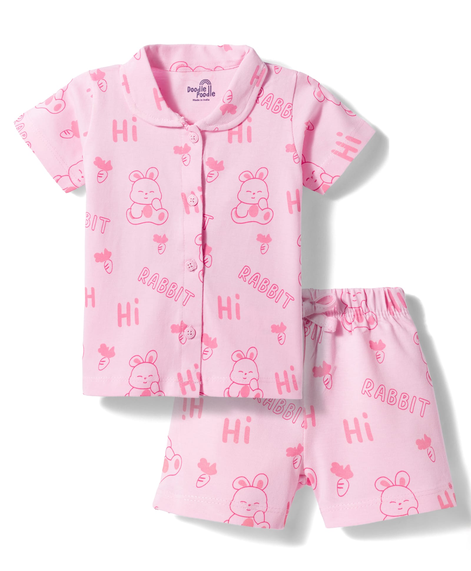 Doodle Poodle 100% Cotton Single Jersey Knit Half Sleeves Peter Pan Collared Co-Ord Shirt & Shorts Night Suit With Bunny & Carrot Print - Pink-image-25