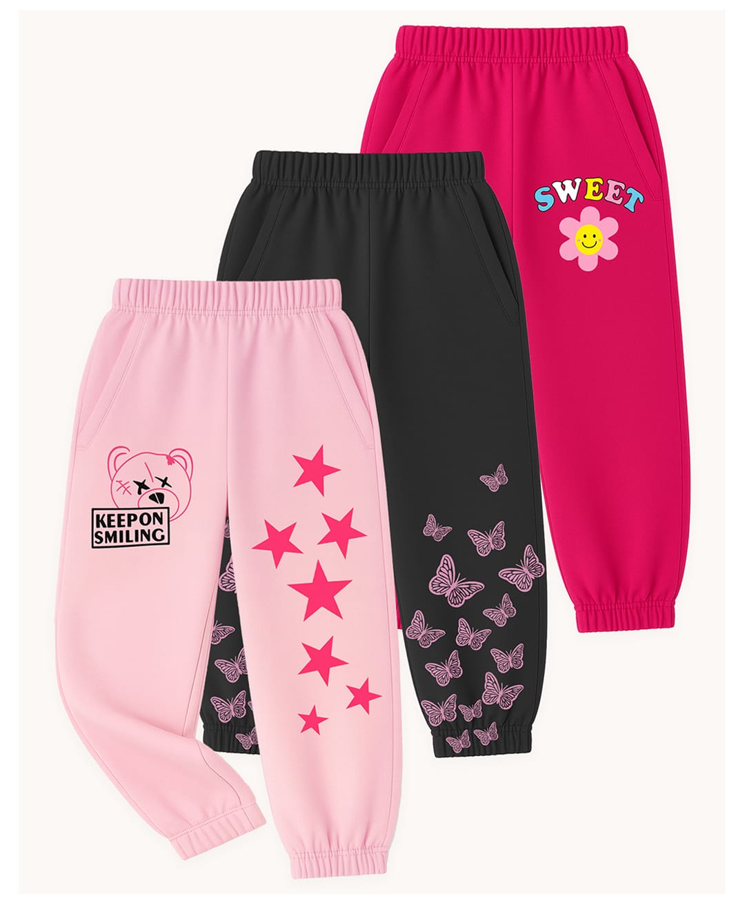 KUCHIPOO Cotton Blend Knit Pack Of 3 Stars & Butterflies Printed Joggers - Pink Black & Fuchsia-picture-20