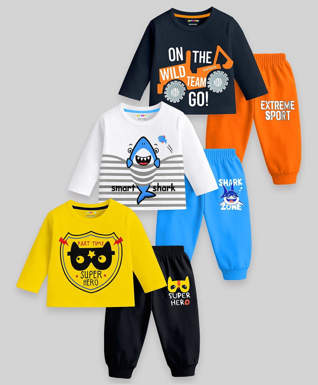 KUCHIPOO Cotton Blend Knit Pack Of 3 Animal & Vehicles Printed Tee & Joggers Sets - Multi Colour-image-13