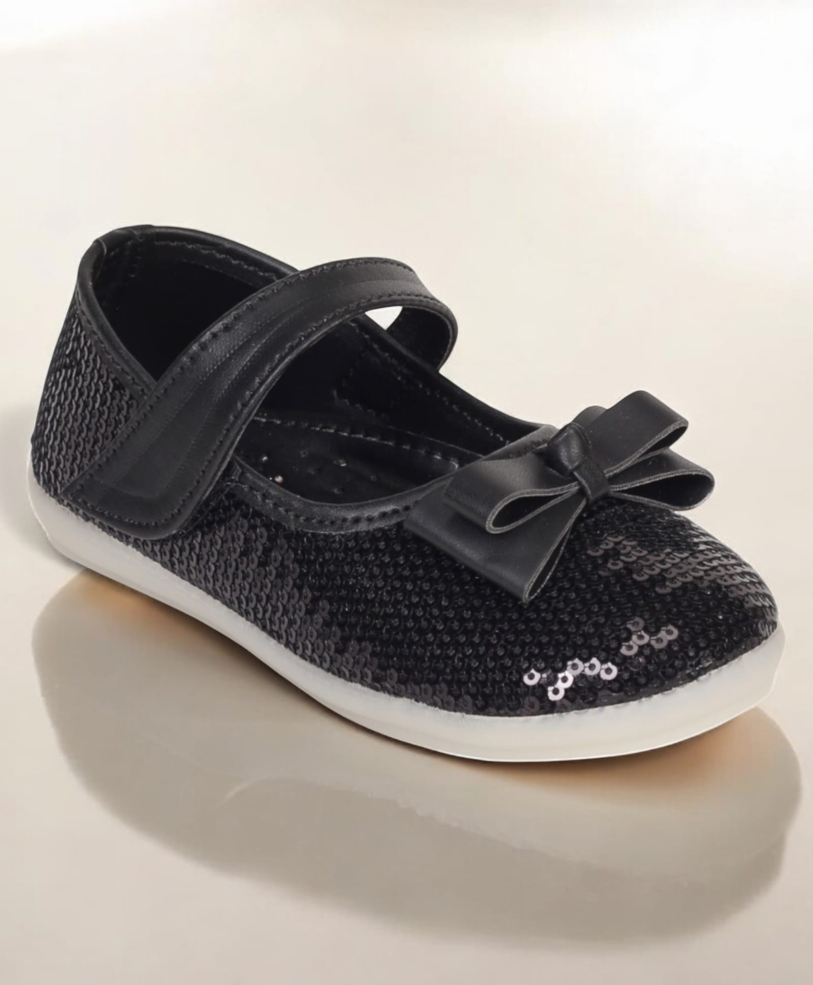 Lil Lollipop Sequin Embellished Bow Applique Detailed Velcro Closure Mary Jane Ballerinas - Black