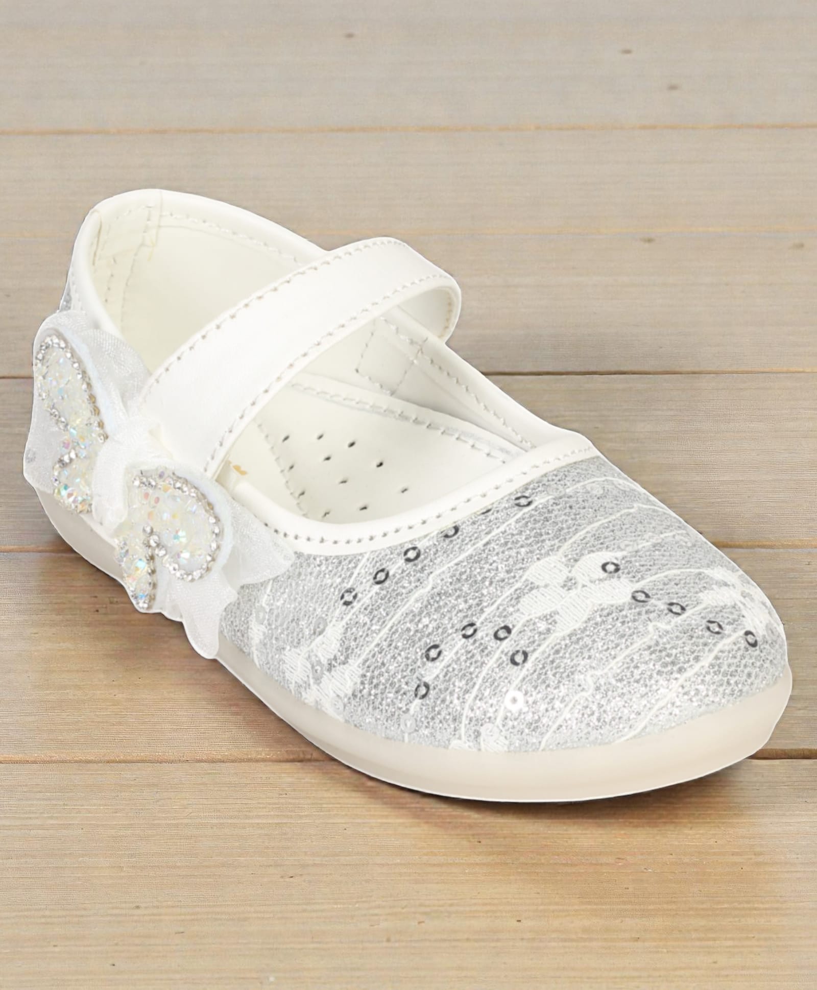 Lil Lollipop Bow Applique Detailed Sequin Embellished Mary Jane Ballerinas - White-image-49