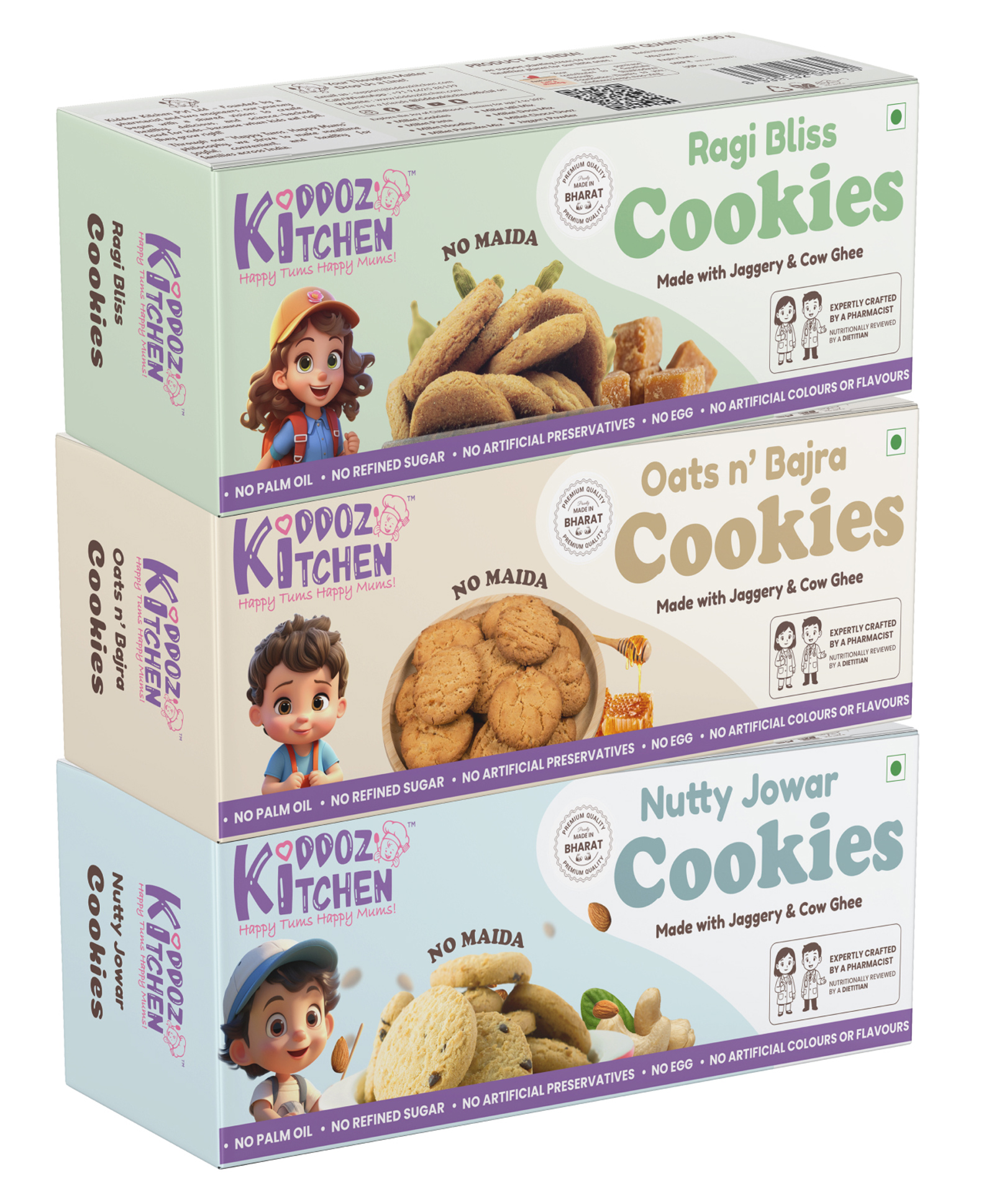 Kiddoz Kitchen Millet Cookies Trio Pack | Ragi Bliss, Oats Bajra & Nutty Jowar | No Maida | No Refined Sugar | Powered by Cow Ghee & Jaggery 300g-image-4