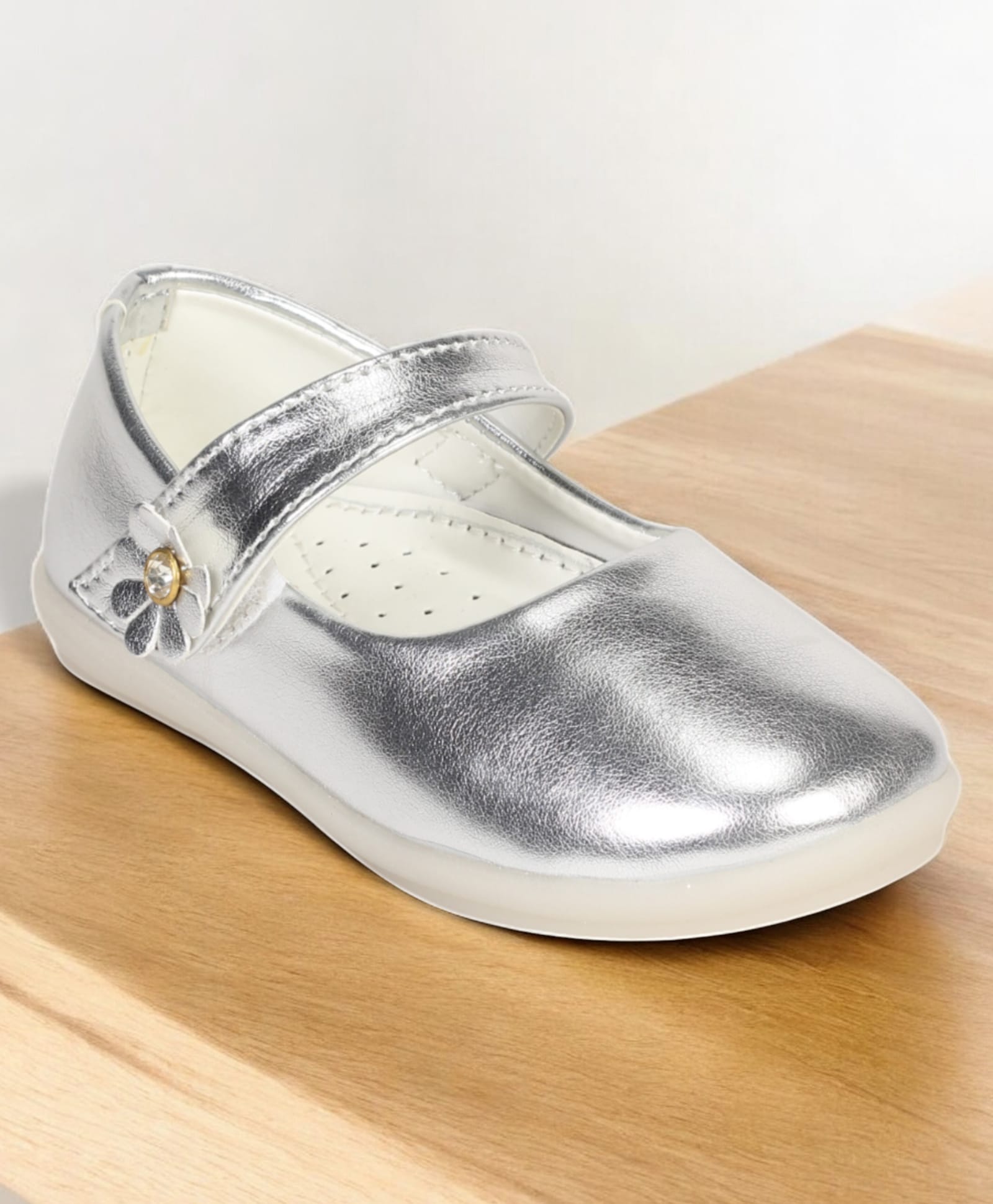 Lil Lollipop Floral Applique Detailed Metallic Velcro Closure Ballerinas - Silver-image-17