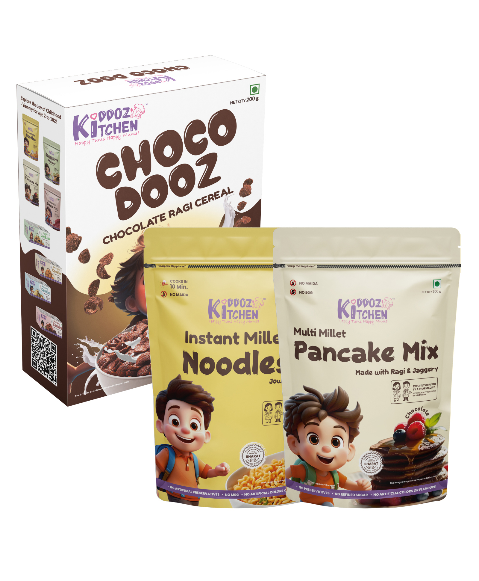 Kiddoz Kitchen Combo Pack Instant Millet Noodles, Multi Millet Pancake Mix & Ragi Choco Dooz | No Maida, No Refined Sugar | No Palm Oil 620g (120g + 300g + 200g)-image-16