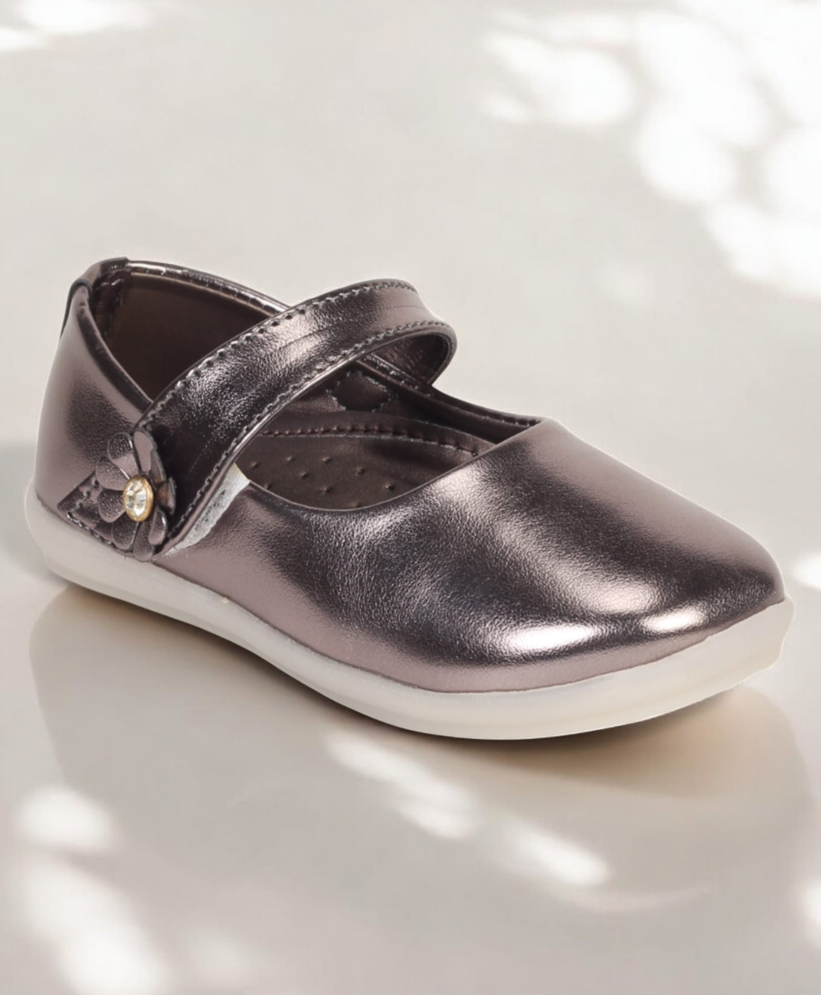 Lil Lollipop Floral Applique Detailed Metallic Velcro Closure Ballerinas - Dark Grey-image-25