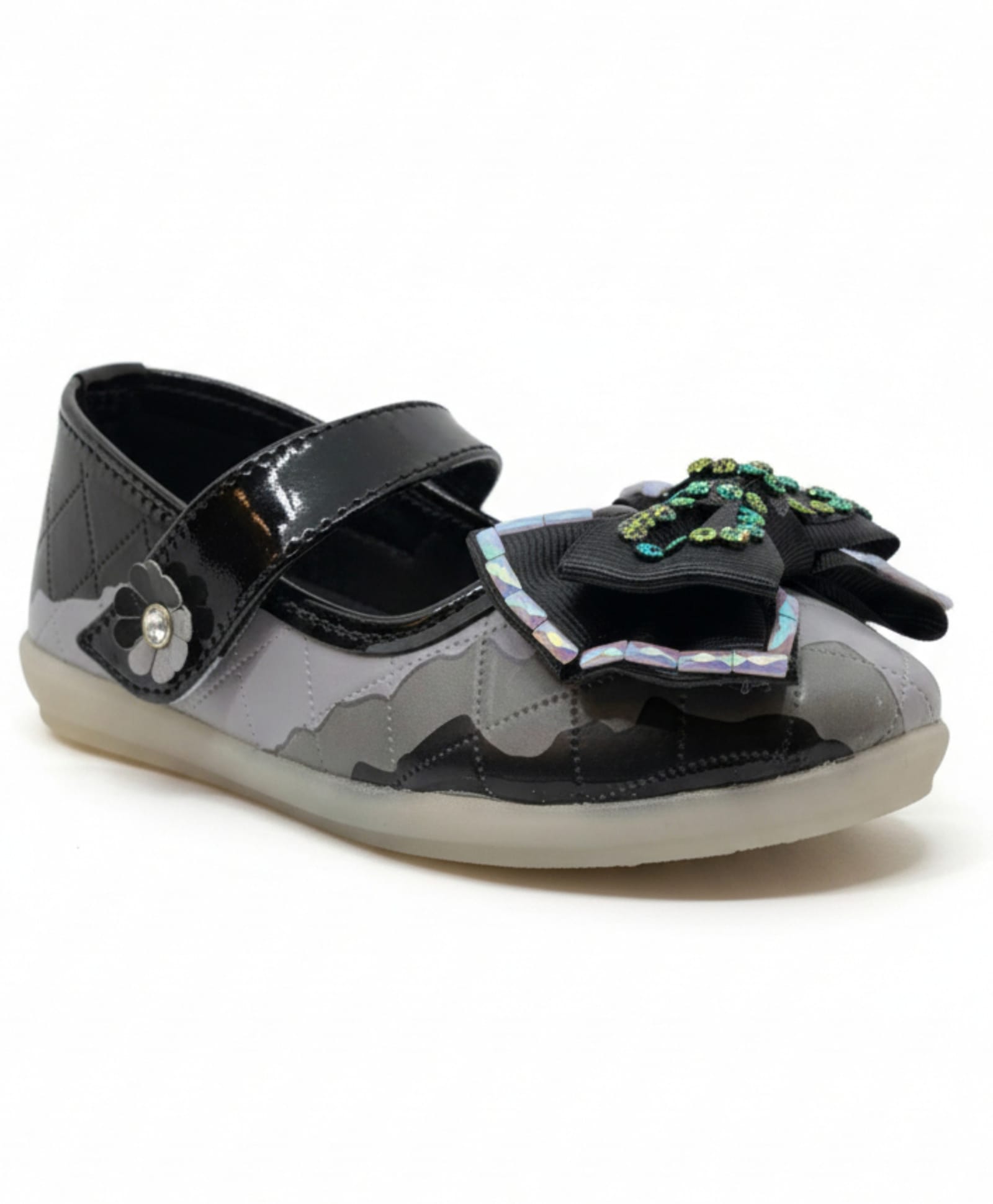 Lil Lollipop Bow Applique Detailed Stones Embellished Velcro Closure Mary Jane Ballerinas - Black-image-29