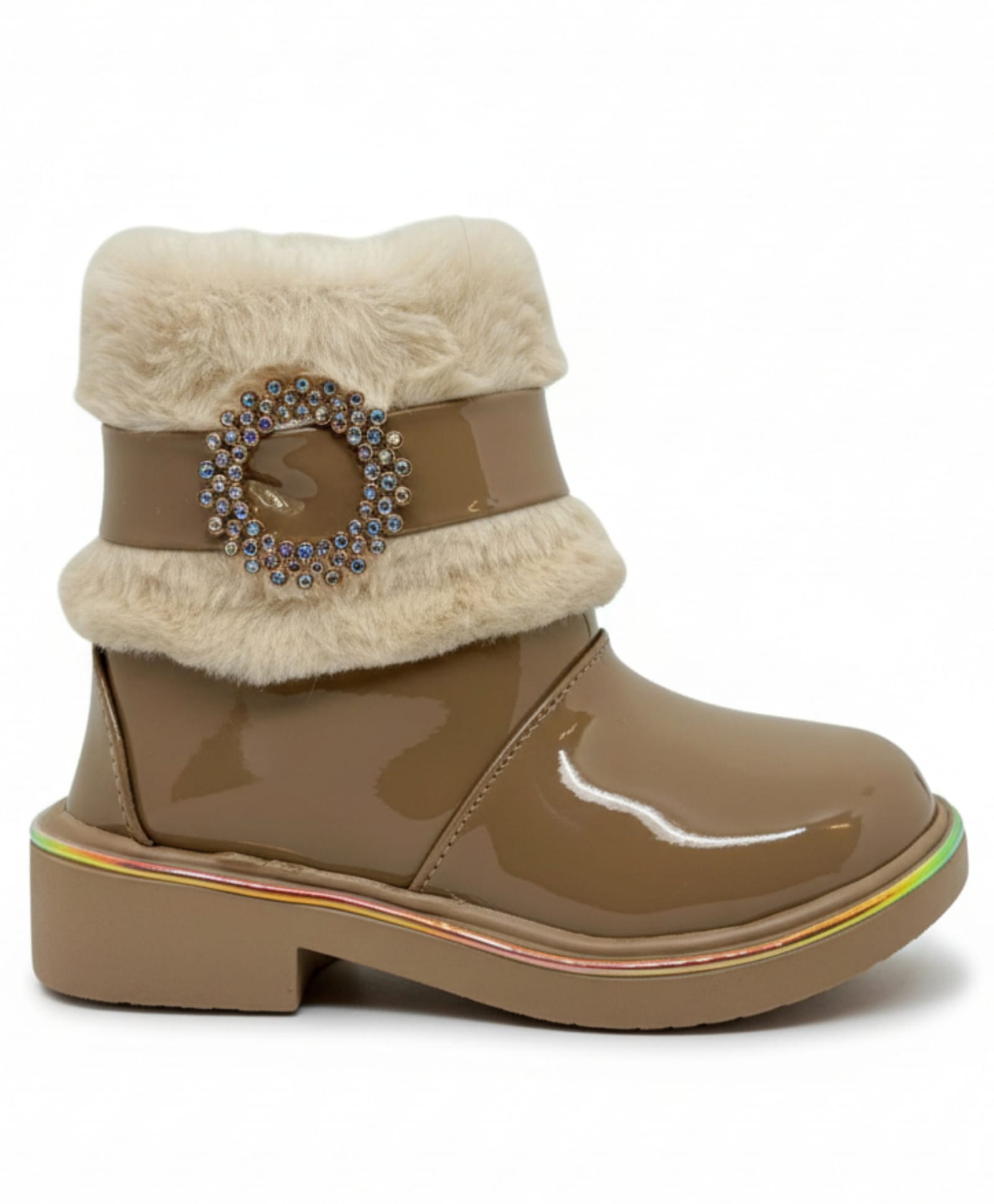 Lil Lollipop Fur Detailed Stones Embellished Zip Closure Boots - Brown