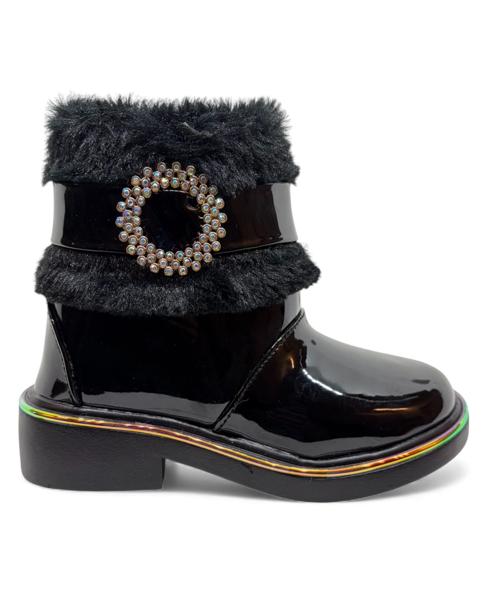 Lil Lollipop Fur Detailed Stones Embellished Zip Closure Boots - Black