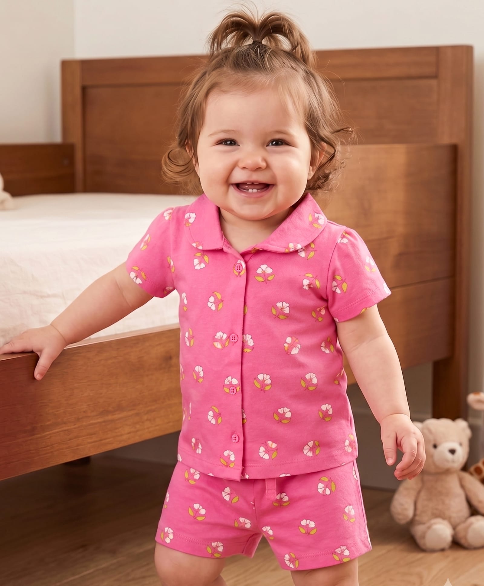 Doodle Poodle 100% Cotton Knit Half Sleeves Shirt & Shorts Co-ord Night Suit with Floral Print - Pink-image-25