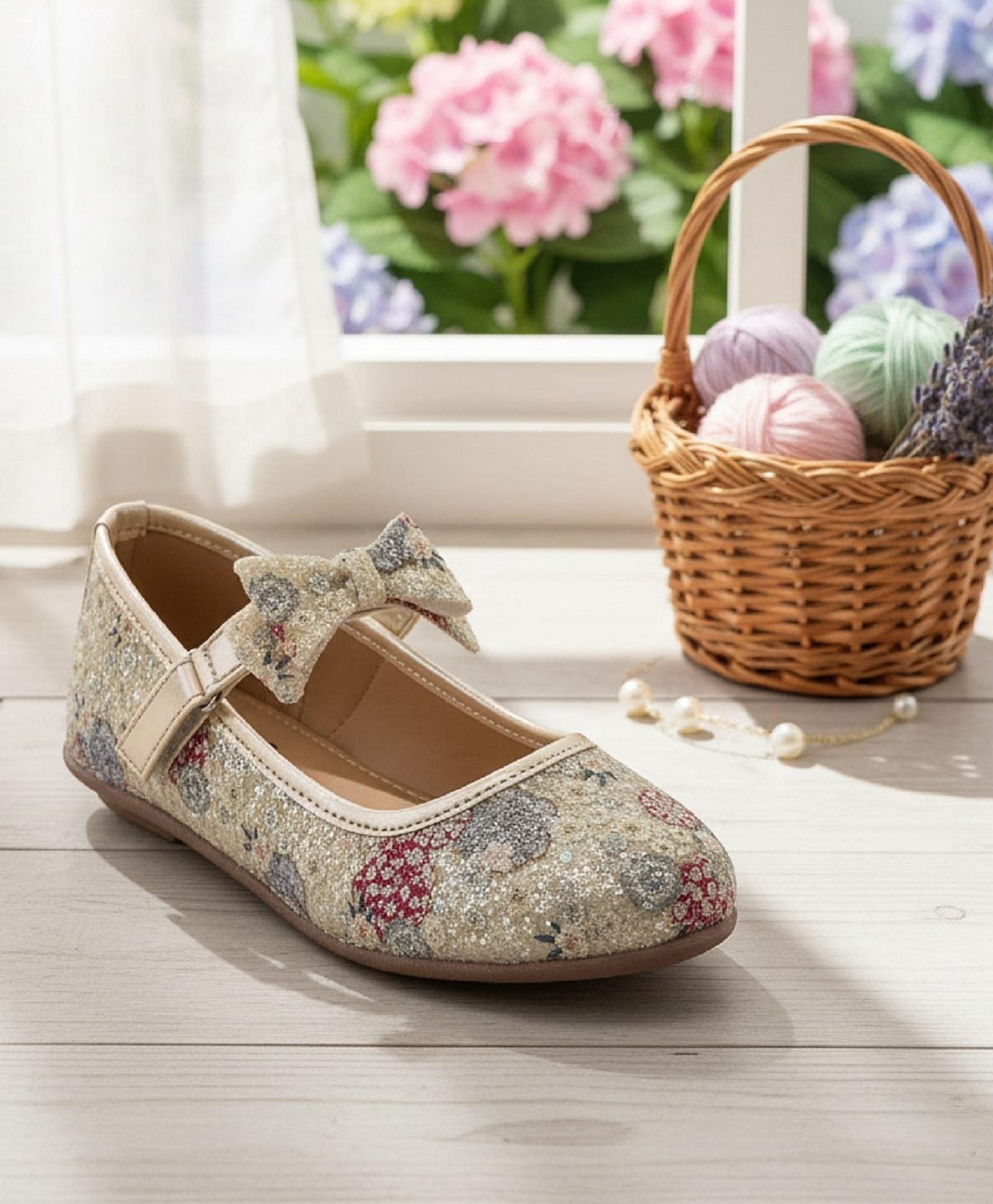 boyz n galz Shimmer & Bow Applique Detailed Floral Designed Velcro Closure Ballerinas - Cream-picture-13
