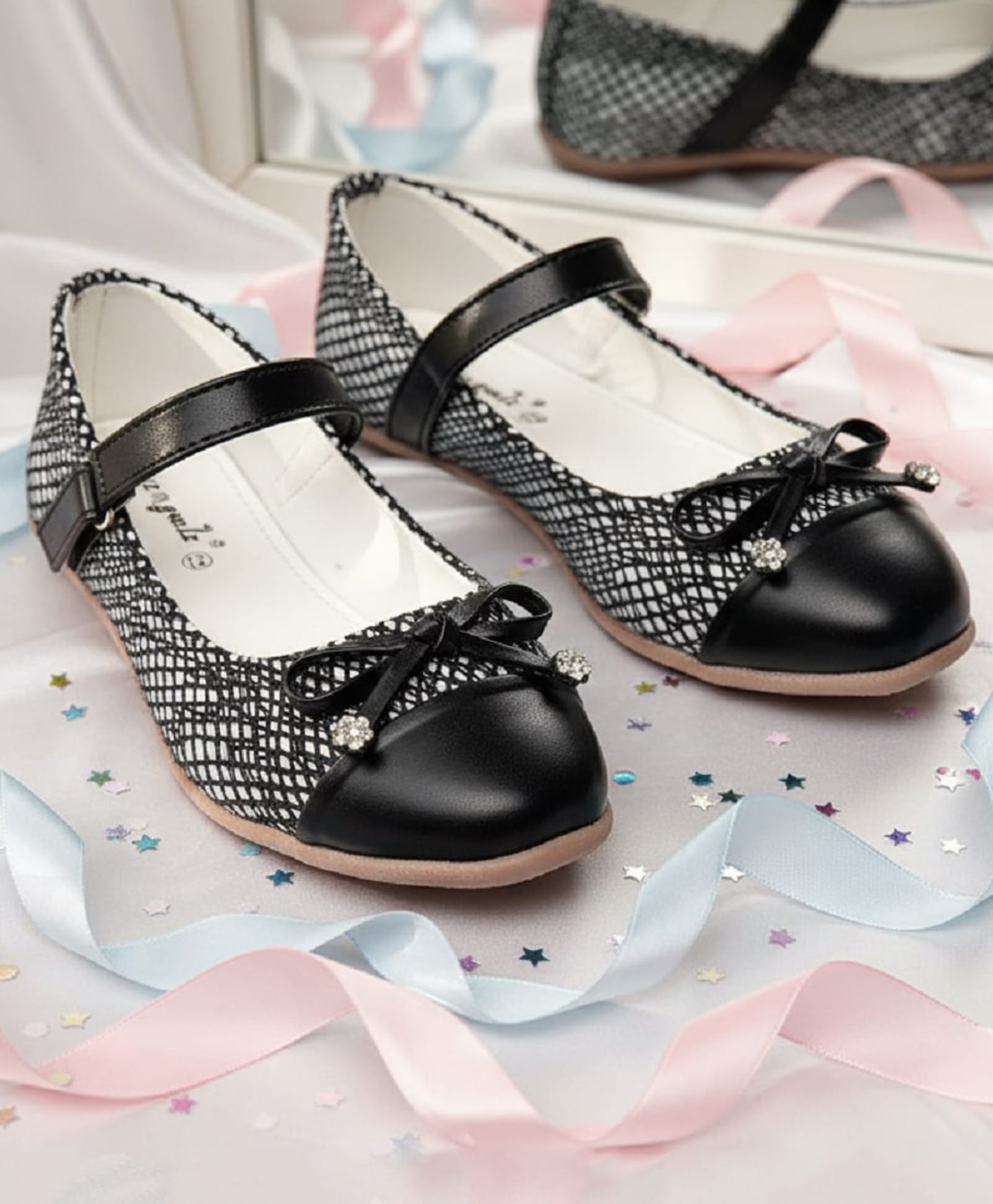 boyz n galz Stone Embellished Bow Applique Detailed Velcro Closure Ballerinas - Black-image-35