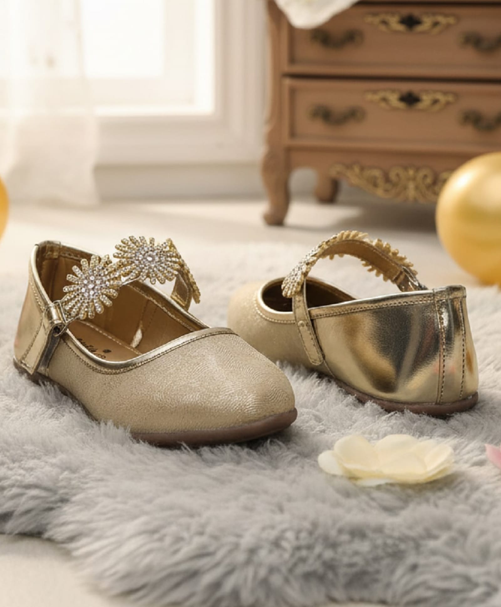 boyz n galz Stone Embellished Floral Applique Detailed Velcro Closure Ballerinas - Gold-picture-18