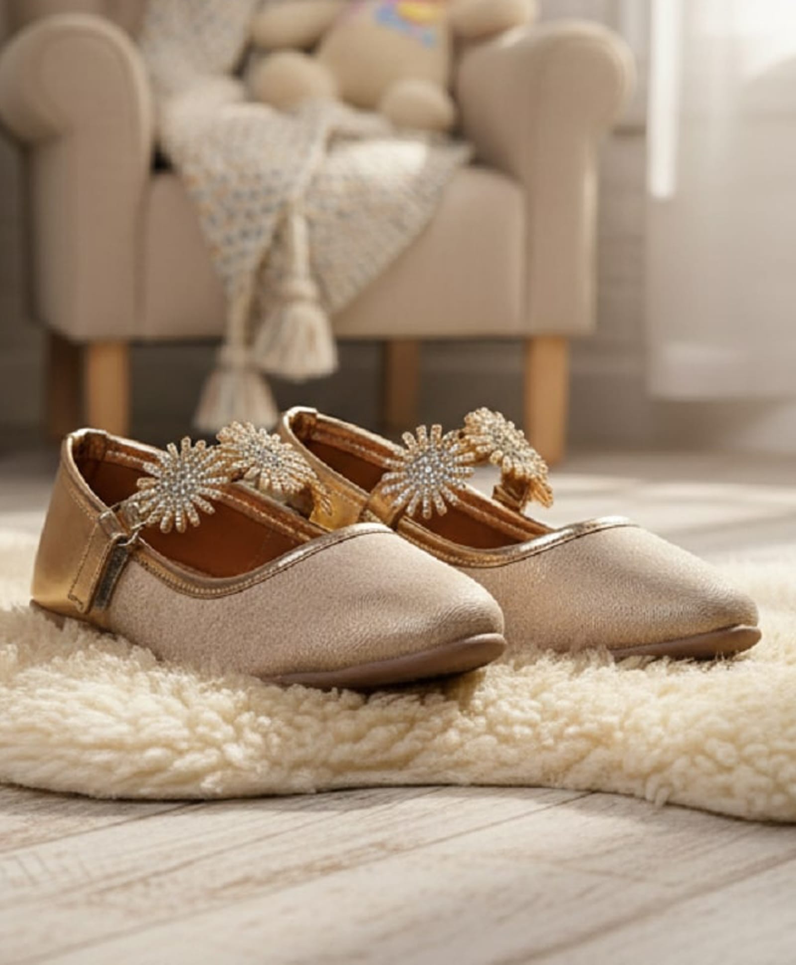 boyz n galz Floral Applique Detailed Stones Embellished Velcro Closure Ballerinas - Rose Gold-image-32