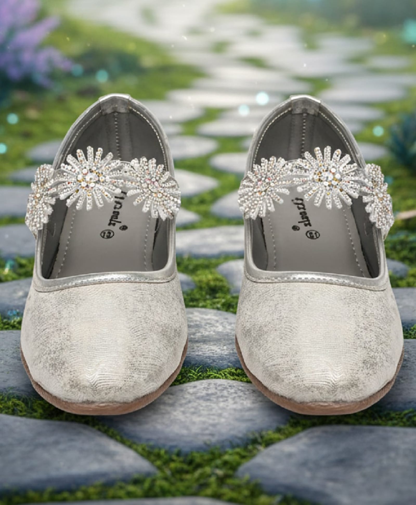 boyz n galz Floral Applique Detailed Stones Embellished Velcro Closure Ballerinas - Silver-image-33