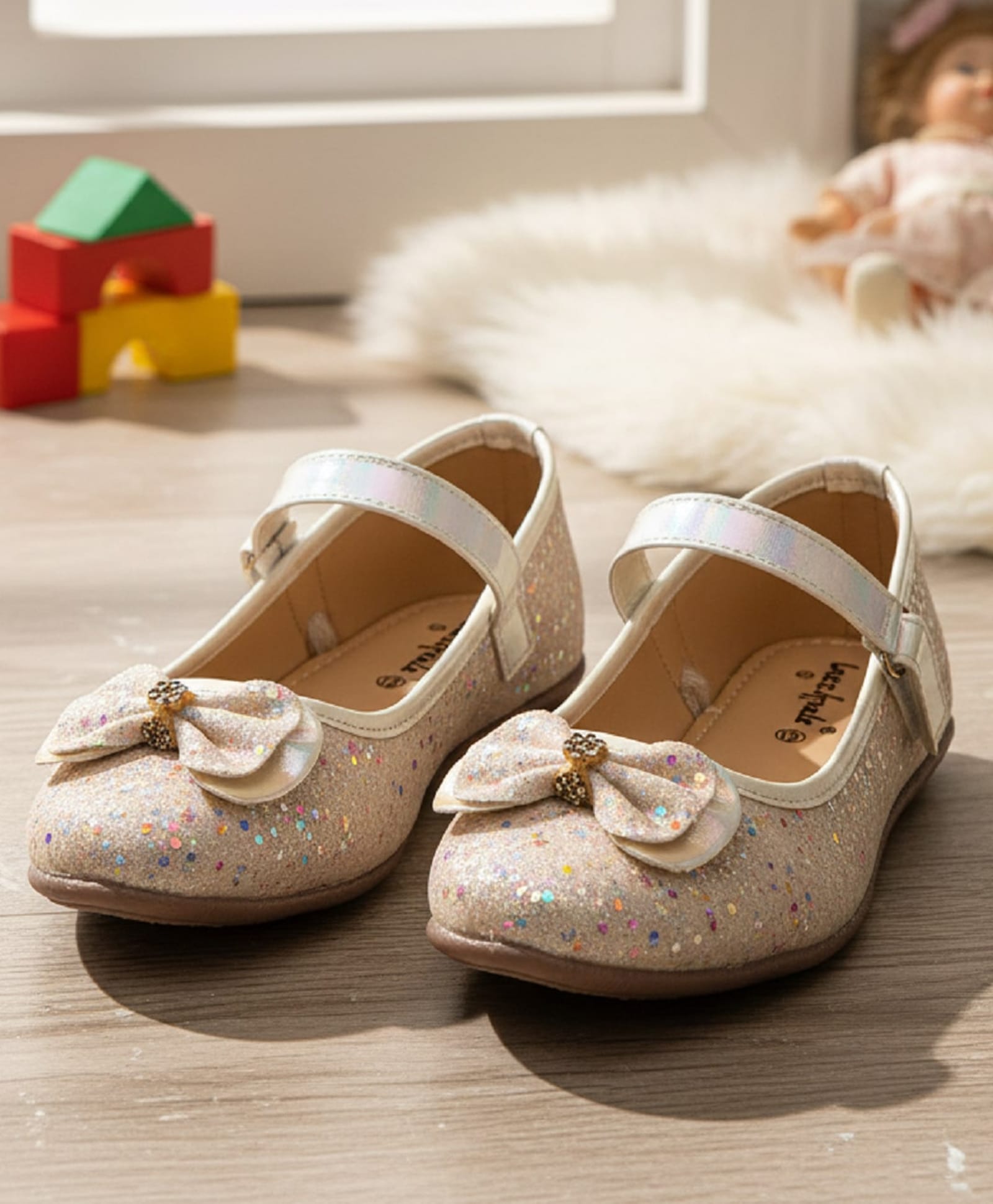 boyz n galz Bow Applique Glitter Detailed Velcro Closure Ballerinas - Cream-image-29