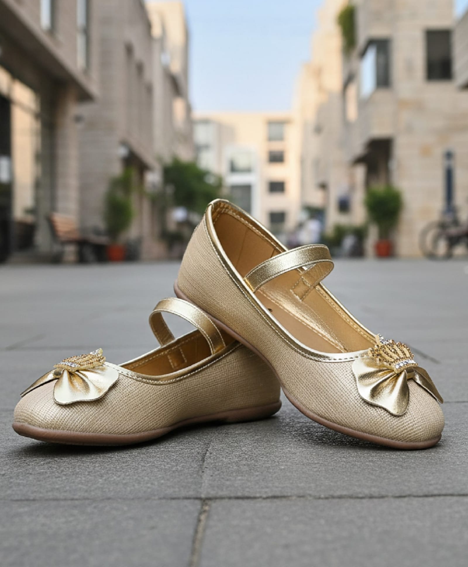 boyz n galz Crown & Bow Applique Detailed Buckle Closure Mary Jane Ballerinas - Gold-picture-24