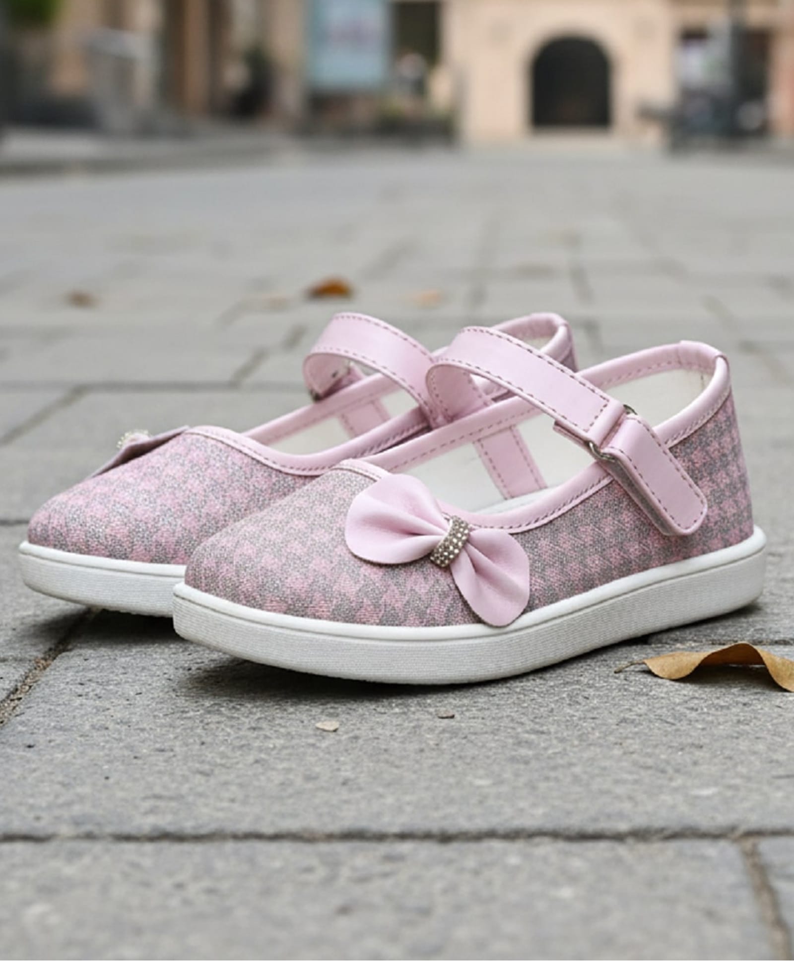 boyz n galz Bow Applique Detailed Hounds tooth Checked Velcro Closure Mary Jane Ballerinas - Pink-image-18