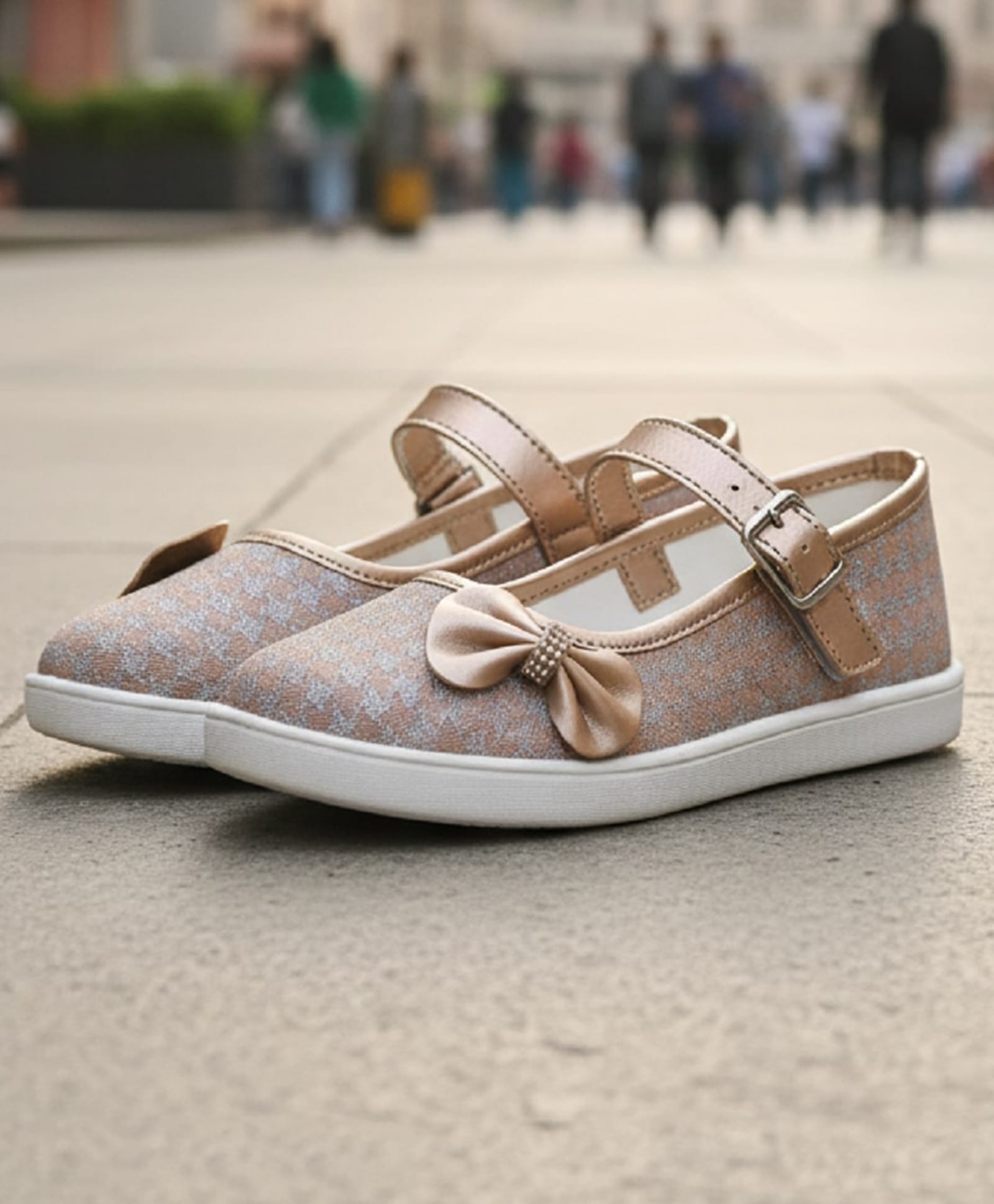 boyz n galz Bow Applique Detailed Hounds tooth Checked Velcro Closure Mary Jane Ballerinas - Rose Gold-image-6