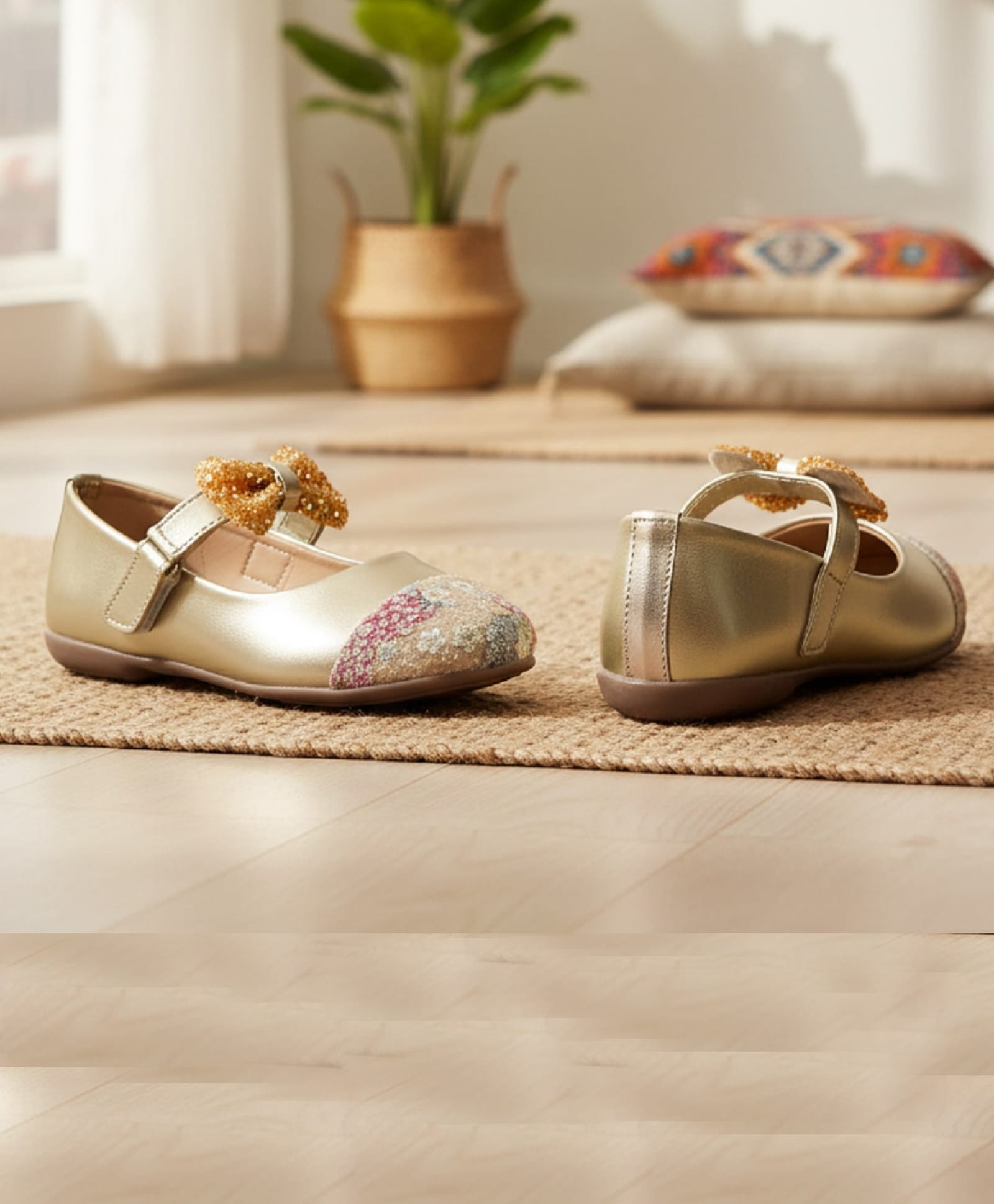 boyz n galz Bow Applique & Floral Detailed Stones Embellished Mary Jane Velcro Closure Ballerinas - Gold-image-20