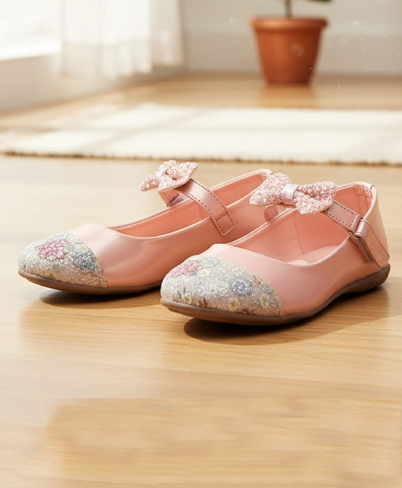 boyz n galz Bow Applique & Floral Detailed Stones Embellished Mary Jane Velcro Closure Ballerinas - Pink-image-26