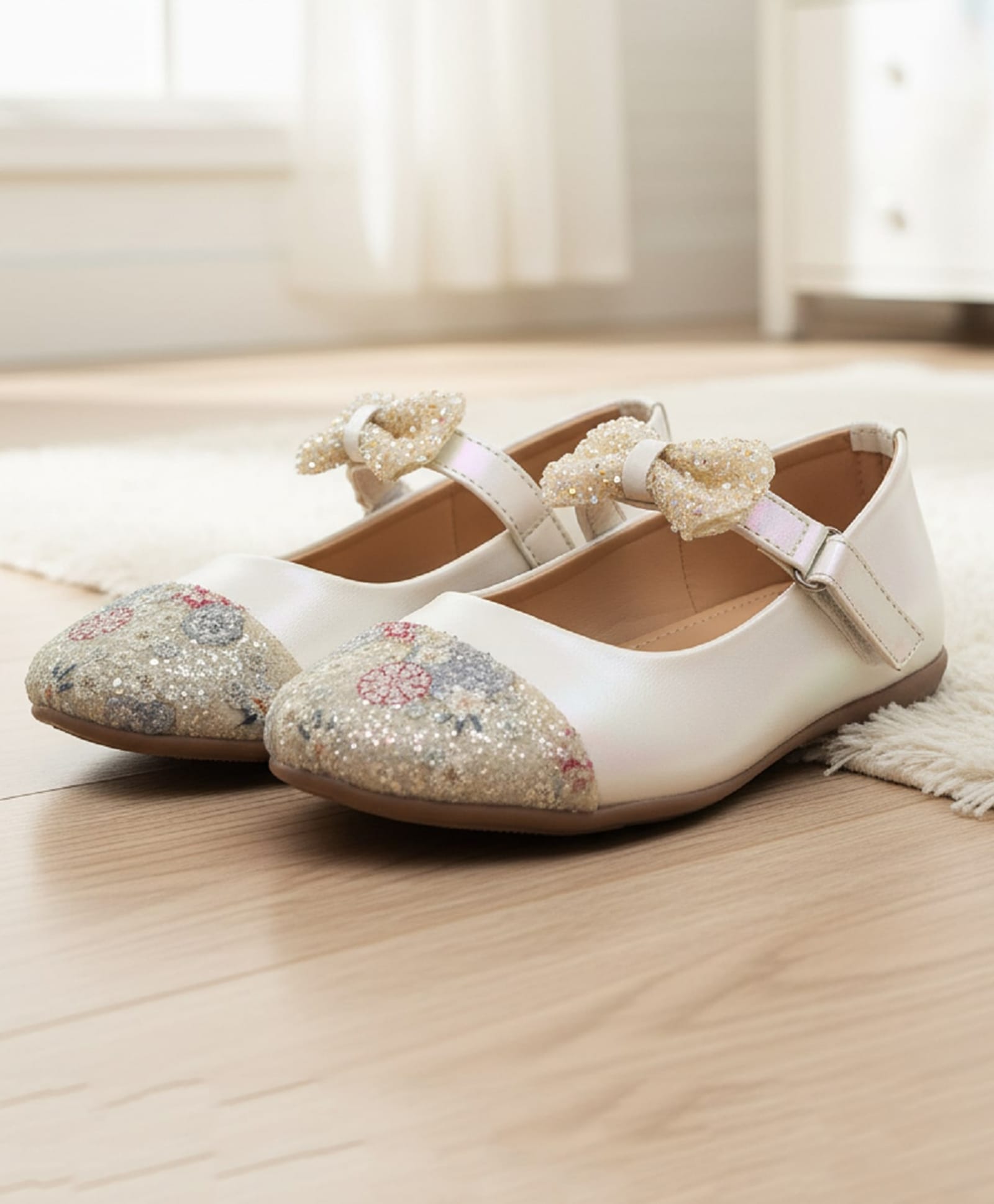 boyz n galz Bow Applique & Floral Detailed Stones Embellished Mary Jane Velcro Closure Ballerinas - White-picture-13