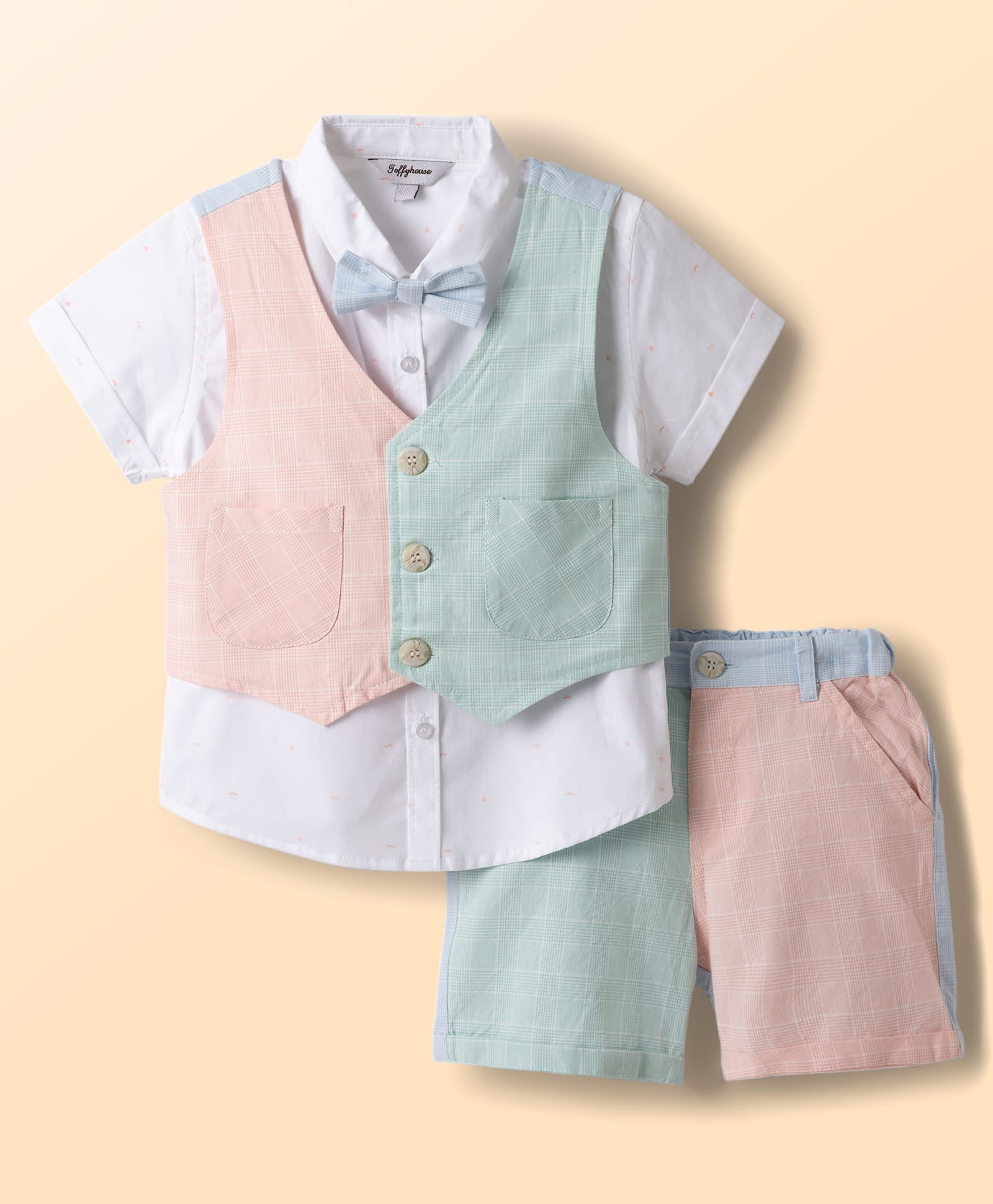 ToffyHouse Cotton Woven Half Sleeves Checks 3 Piece Party Suit with Bow - Multicolor-image-40