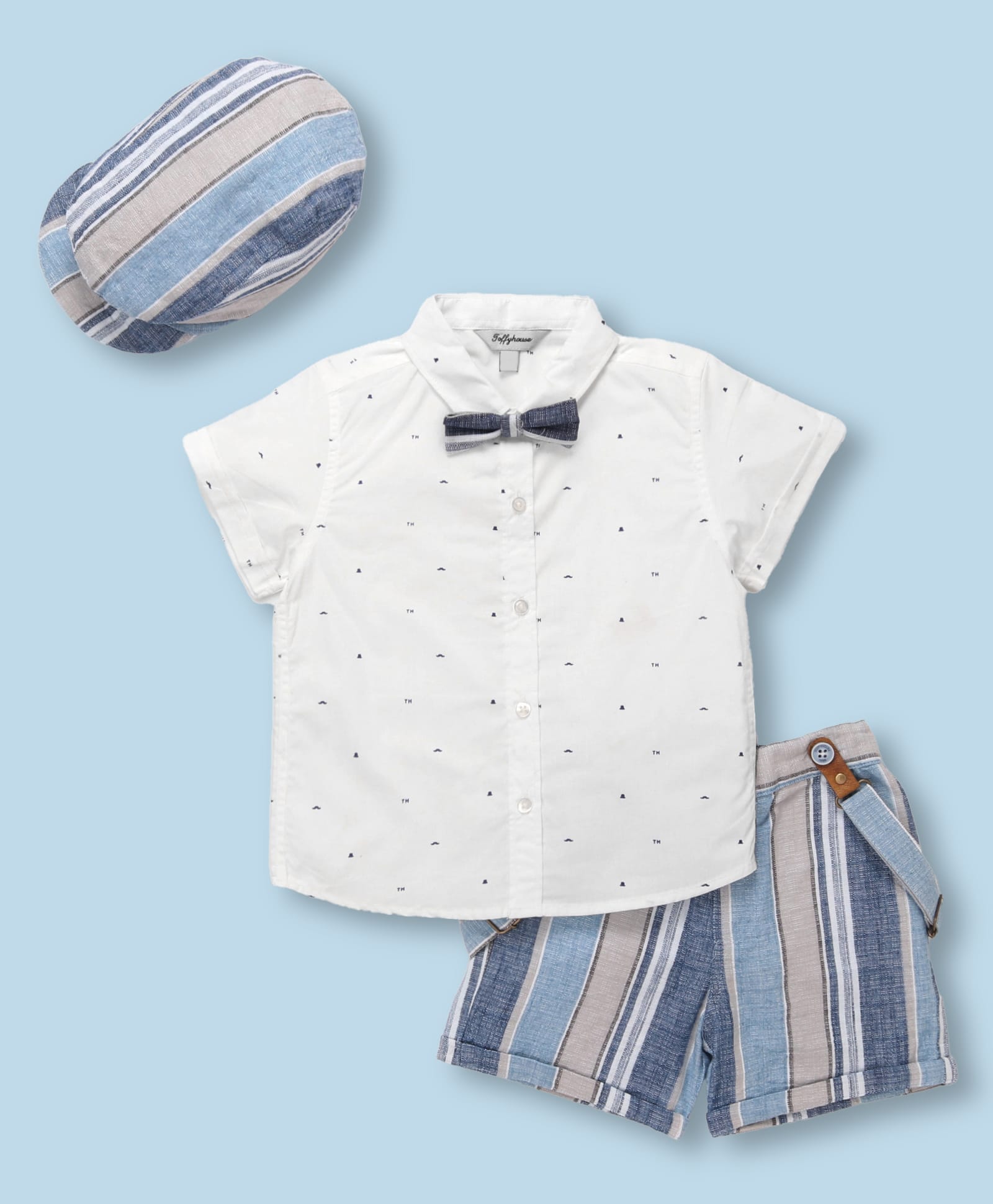 ToffyHouse Poplin Woven Half Sleeves Shirt & Striped Shorts With Bow Suspender & Cap - Multicolor-image-22