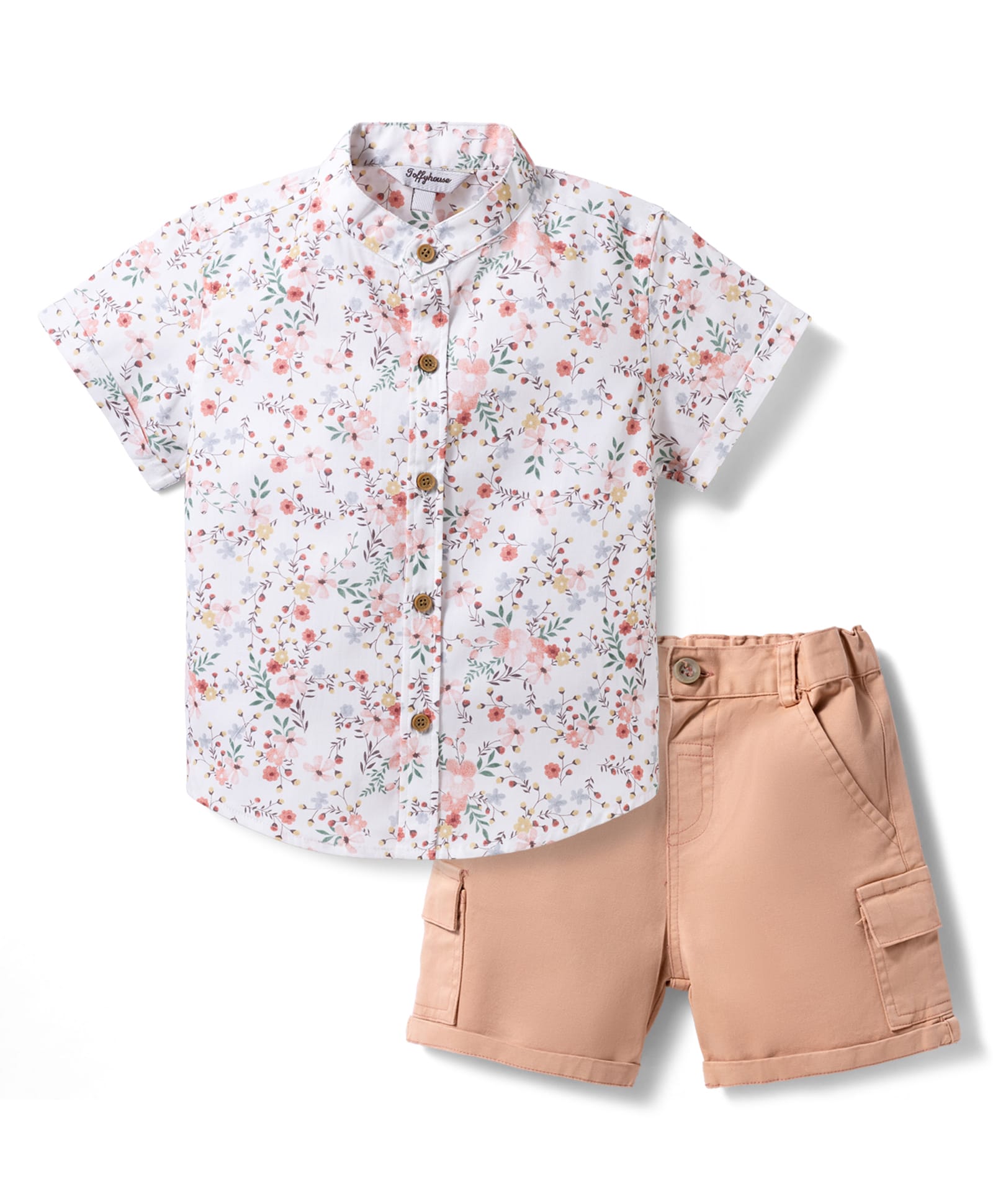 ToffyHouse Poplin Woven Half Sleeves Mandarin Collar Shirt & Shorts With Floral Print - White & Peach-picture-20