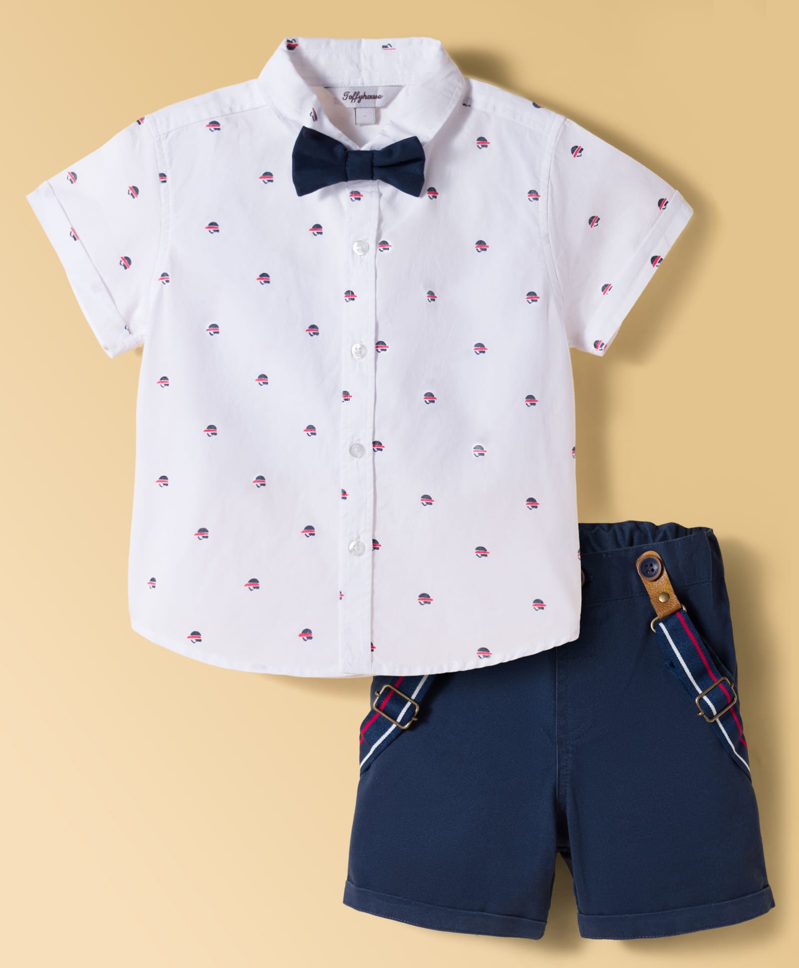 ToffyHouse Poplin Woven Half Sleeves Shirt & Shorts Set with Bow Suspender & Helmet Print- Navy Blue & White-image-48