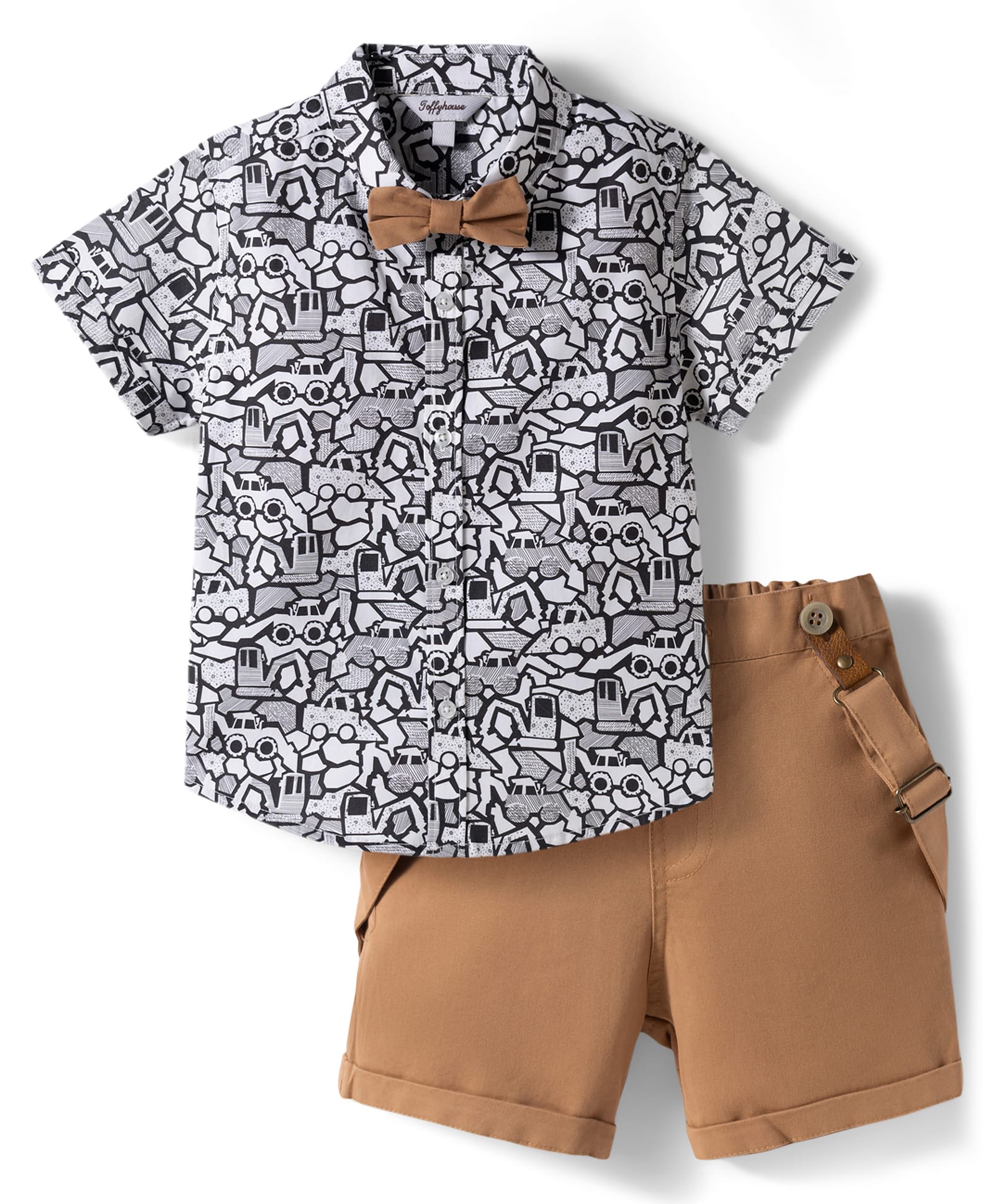 ToffyHouse Cotton Woven Half Sleeves Vehicle Printed Party Shirt & Shorts Set with Bow & Suspender - Tan-picture-11