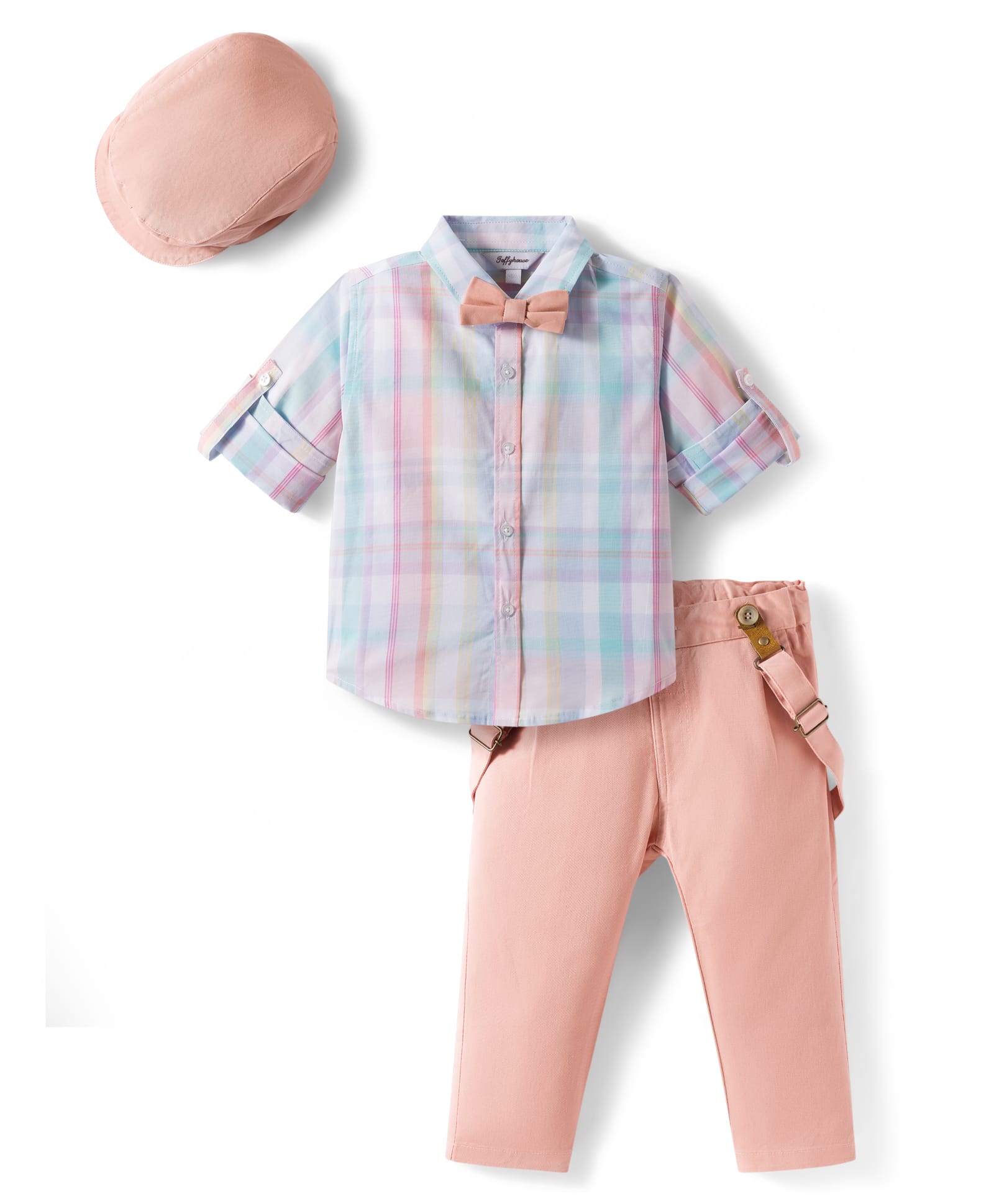 ToffyHouse Poplin Woven Full Sleeves Checked Party Shirt & Trouser Set with Suspender Bow & Cap - Pink & Blue-image-31